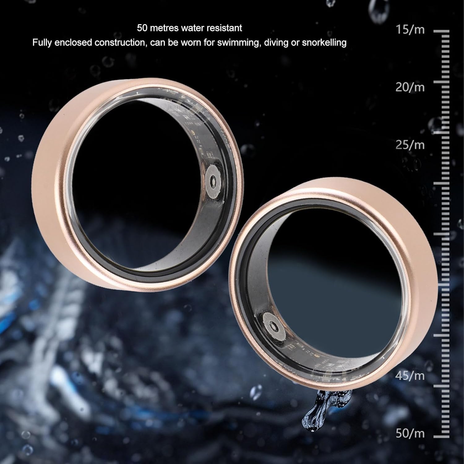 Two Cuifati Smart Rings submerged in water, demonstrating 50-meter water resistance