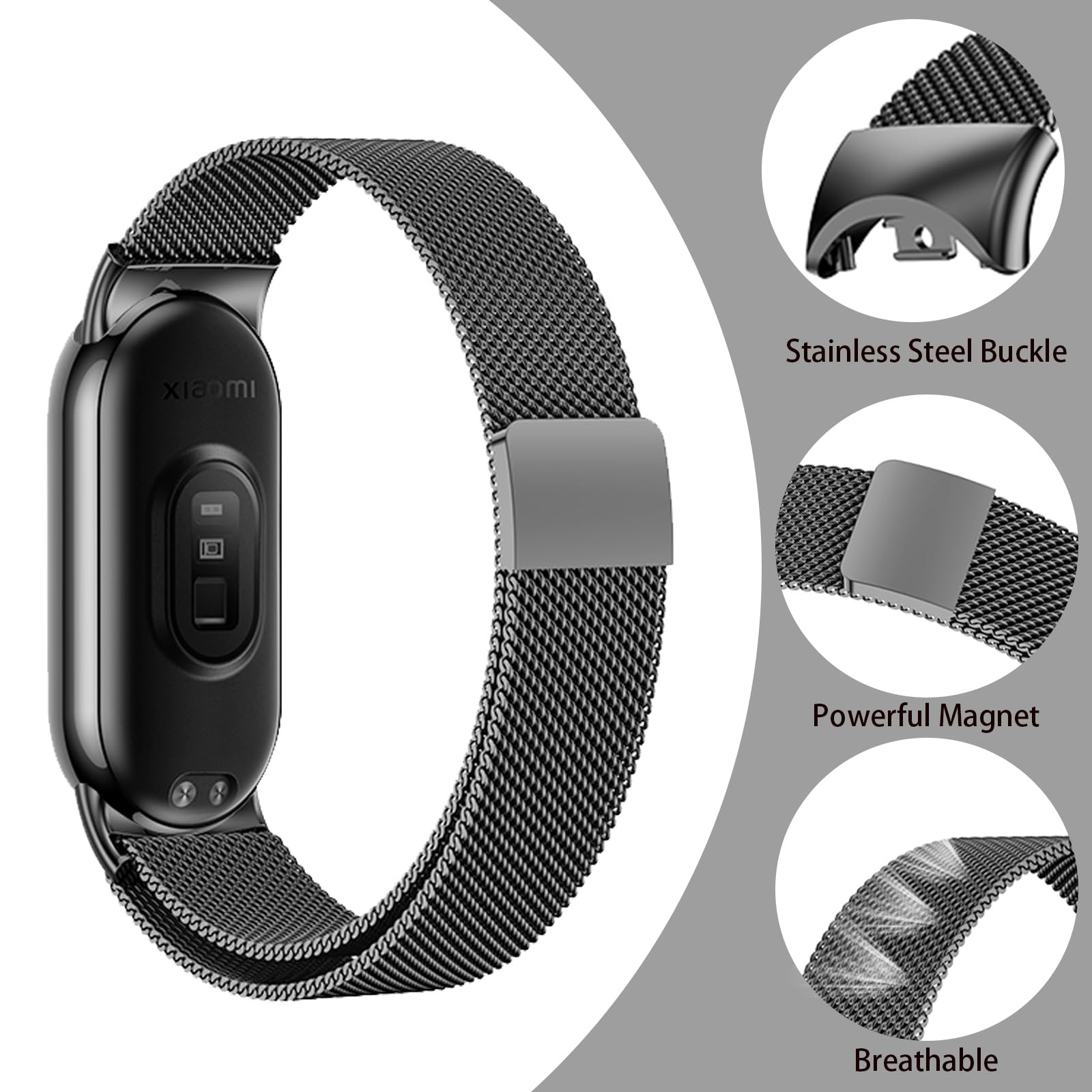 Harikiri Magnetic Straps Compatible with Xiaomi Mi Band 9/8,Metal Replacement Strap for Women and Men, Black, 140 à 215 mm - Image 3