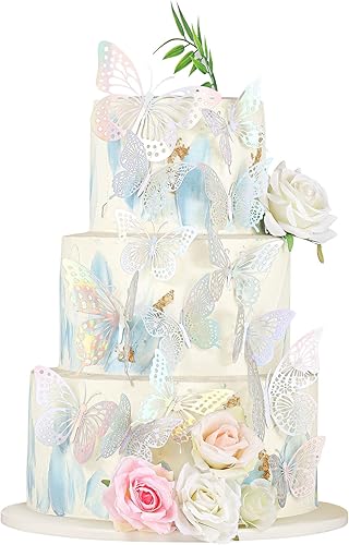 Gyufise Paquete de 36 adornos de mariposa 3D con láser plateado para cupcakes, decoración hueca para cumpleaños, boda, fiesta de hadas, calcomanías