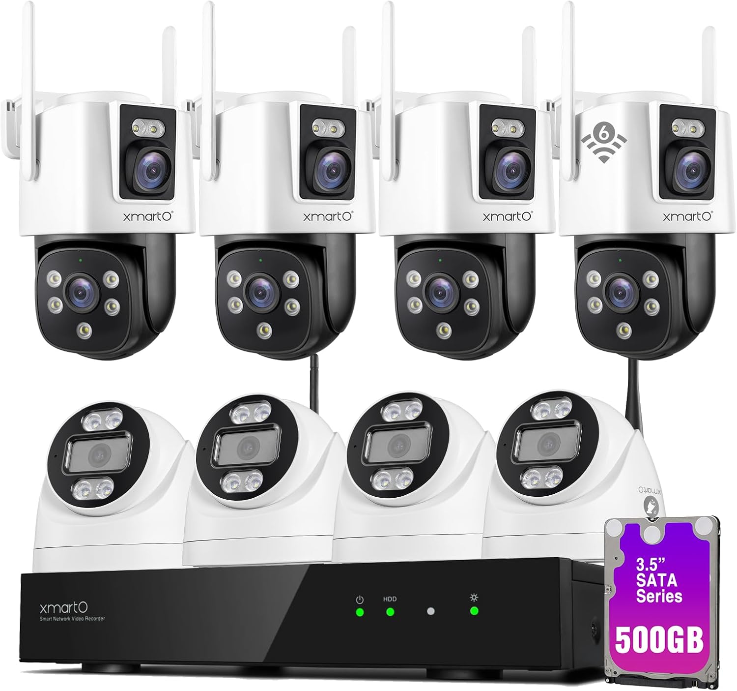 xmartO 16CH 8 Pcs Home Security Camera Kit, 4 * Dual-Image Wide FOV Security Camera and 4 * 2K HD Dome Camera, 2-Way Audio, Night Vision, 24/7 Surveillance Camera, No Monthly Fee(Include 500GB HDD