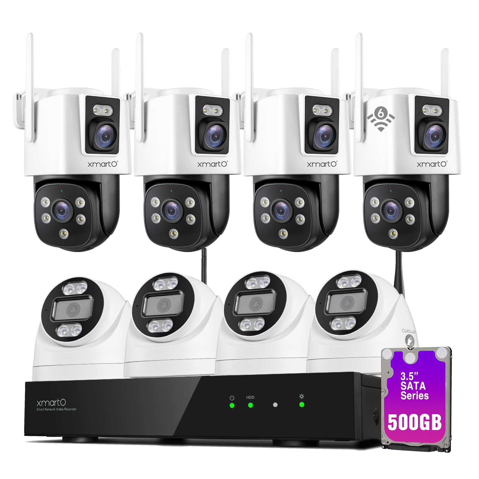 xmartO 16CH 8 Pcs Home Security Camera Kit, 4 * Dual-Image Wide FOV Security Camera and 4 * 2K HD Dome Camera, 2-Way Audio, Night Vision, 24/7 Surveillance Camera, No Monthly Fee(Include 500GB HDD