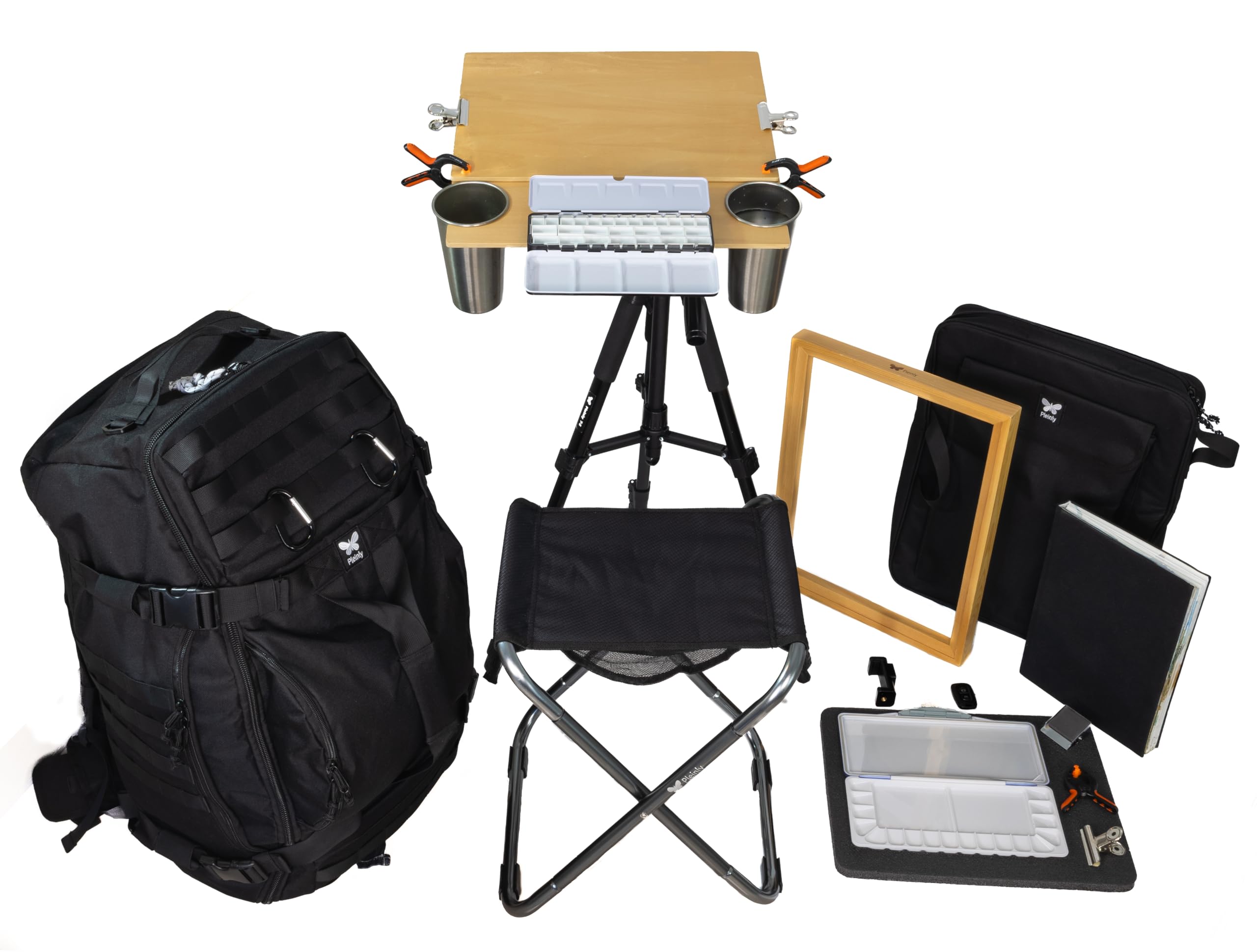 Plein Air - Cavalletto portatile ad acquerello, con zaino BP-70, supporto per pannello bagnato in legno, treppiede e sgabello pieghevole, album da disegno in 100% cotone, 2 tavolozze, tazze