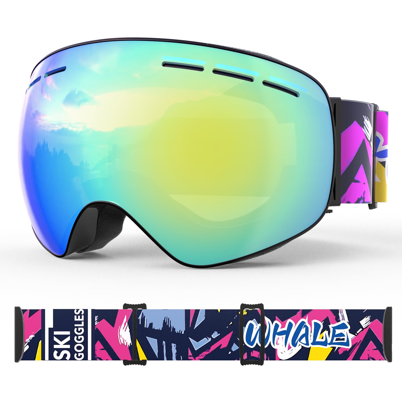 Whale Lunettes de ski OTG anti-buée sans monture pour homme, femme et jeune – Protection UV à 100 %
