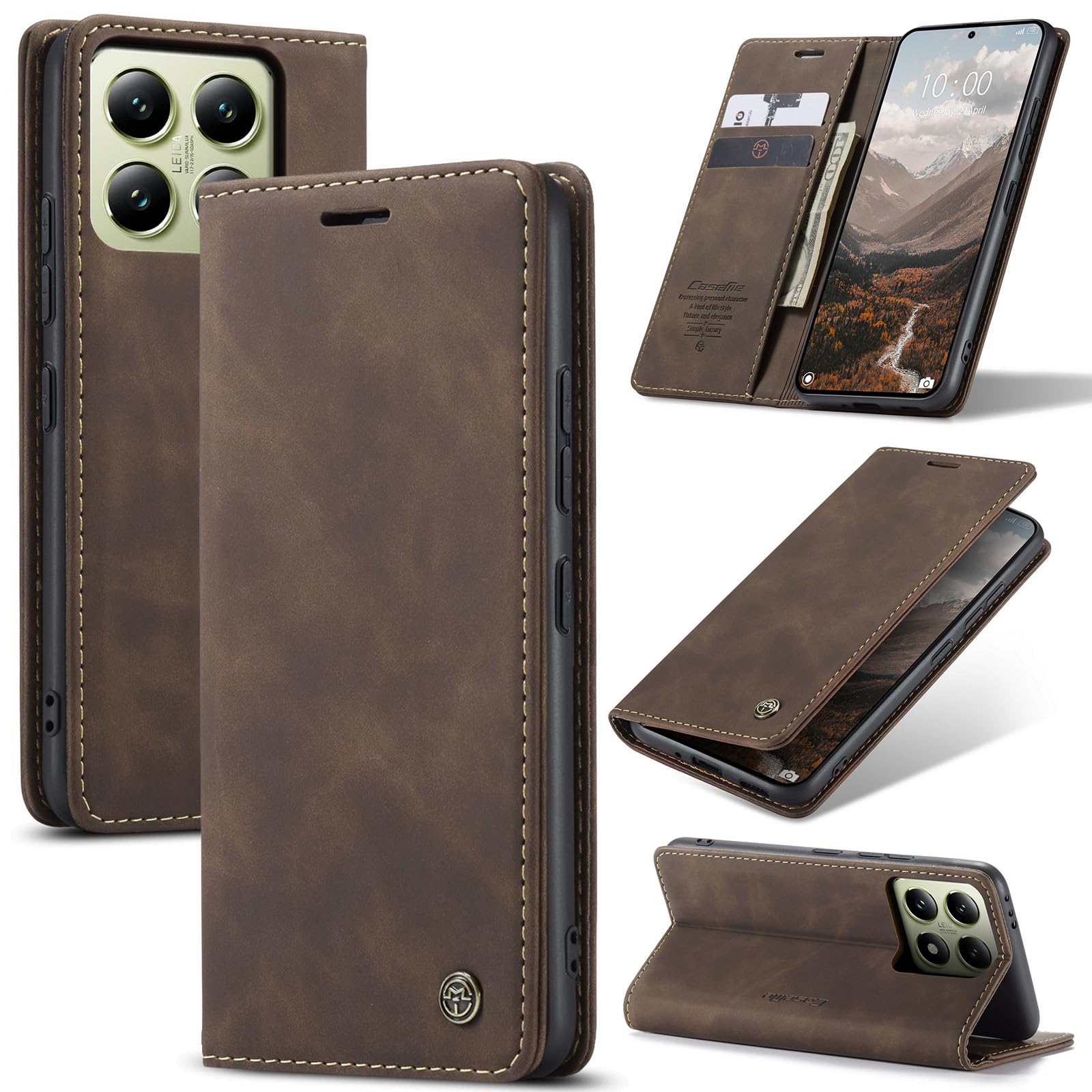 Cracedily Handyhülle für Xiaomi 14T Hülle, Klapphülle Premium Lederhülle Klappbar Flip Case Tasche Magnet Kartenfach Standfunktion Klapphülle Schutzhülle für Xiaomi mi 14T, Kaffee