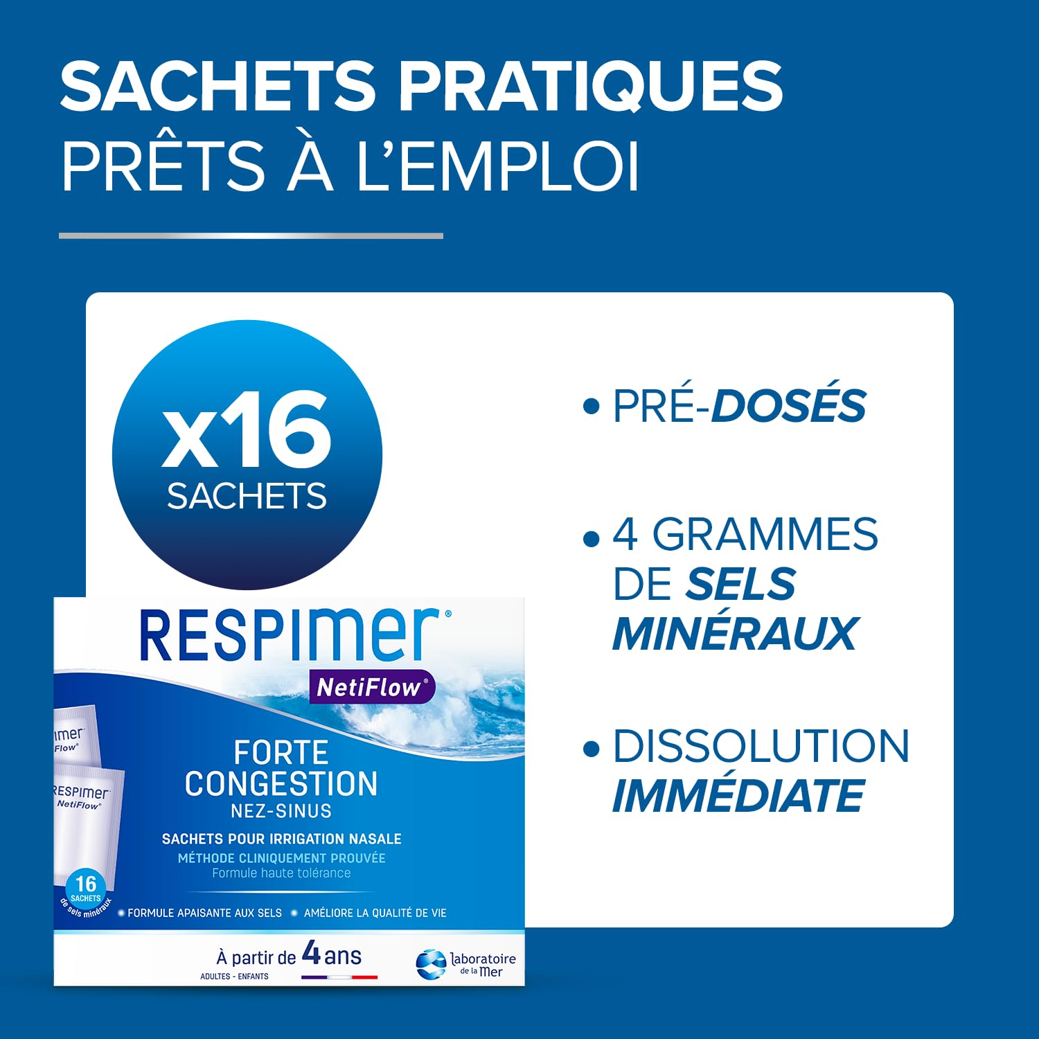 RESPIMER NetiFlow 16 Sachets Sels Minéraux Lavage Nez Recharge Irrigation Nasale Rhinites Rhinosinusites