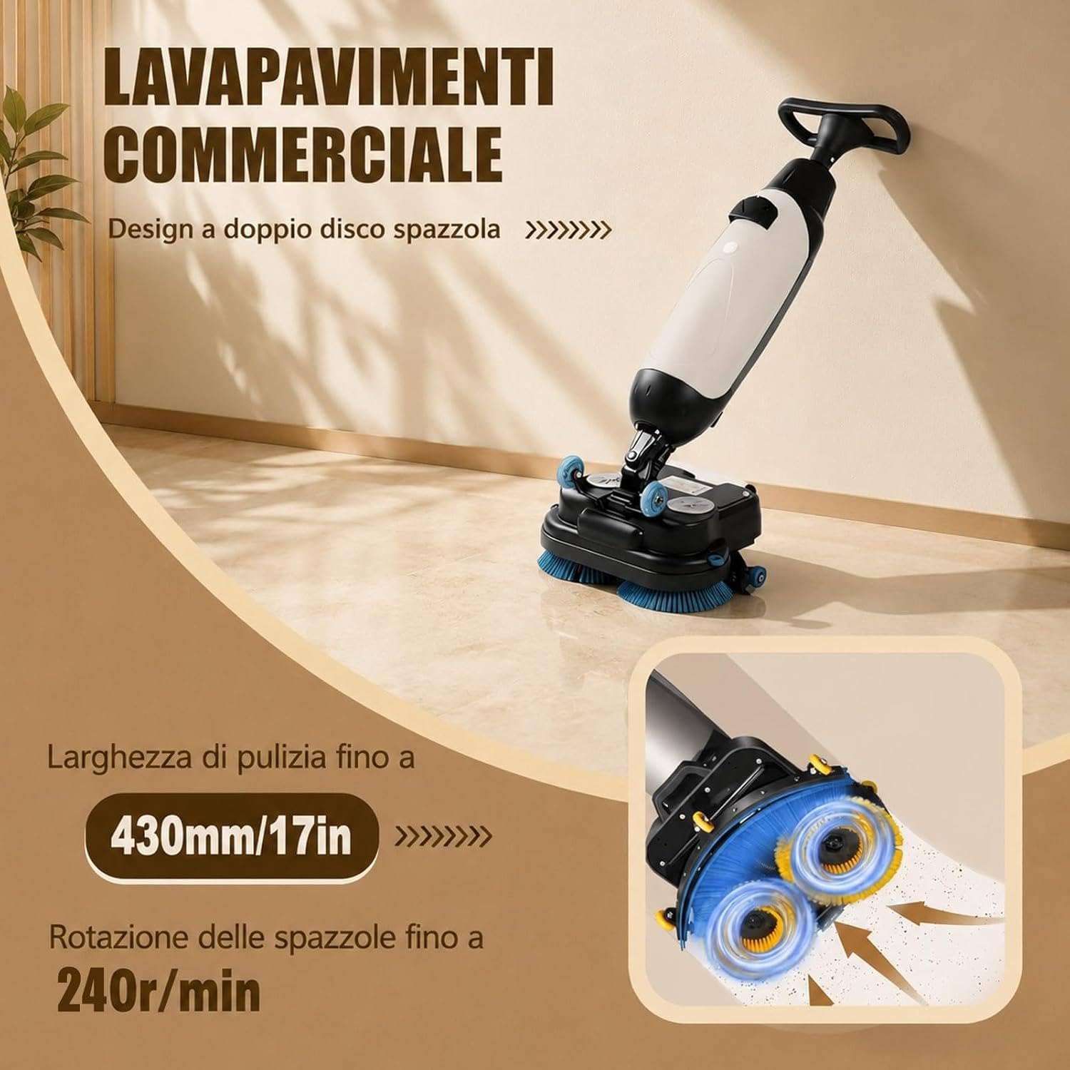Autolaveuse Sol, Laveuse Sol, Largeur de Nettoyage de 45 cm, Capacité de Nettoyage de 12 000 Pi²/H, 240 Nettoyage en Profondeur RPM, Double Brosse, Autolaveuse électrique White