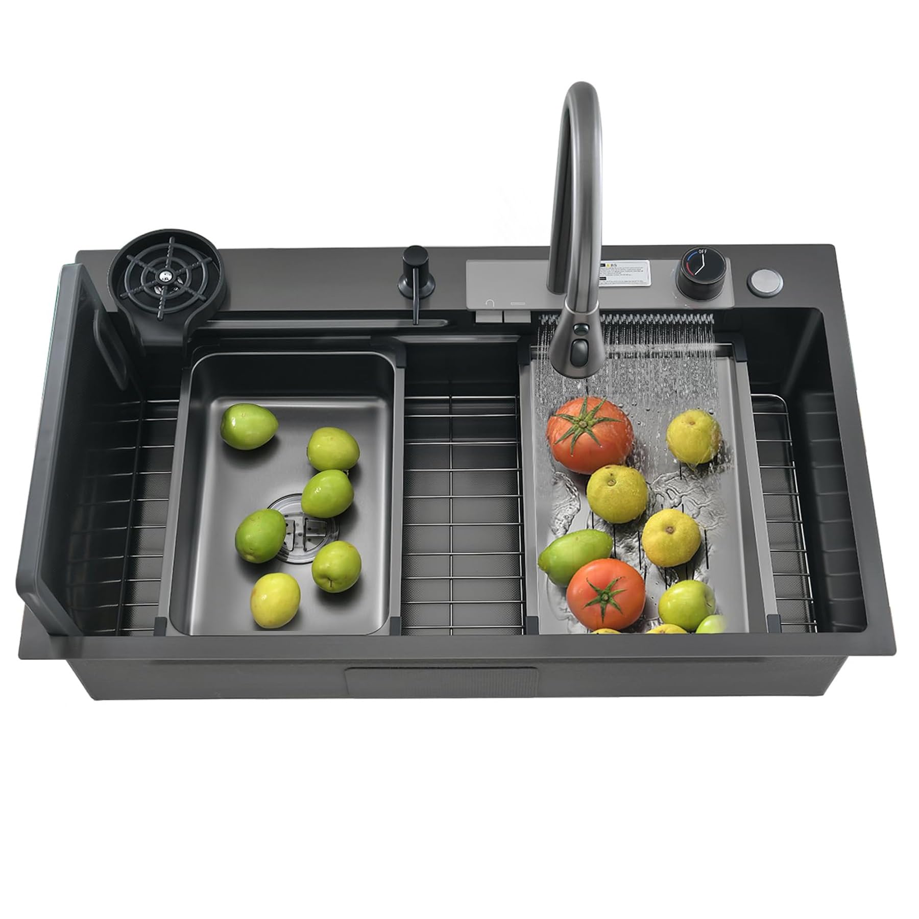 ZQFHSX Black Kitchen Sink,Workstation Stainless Steel Single Bowl Sink with Pull Out Faucet 304 Waterfall Sink(68)