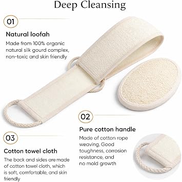 2Pcs Loofah Back Scrubbers for Use in Shower, Double-Sided Exfoliating Shower Loofah, Cotton Linen Back Strap for Dead Skin Removal, Body Scrubber for Men Women Bath Spa Cleansing