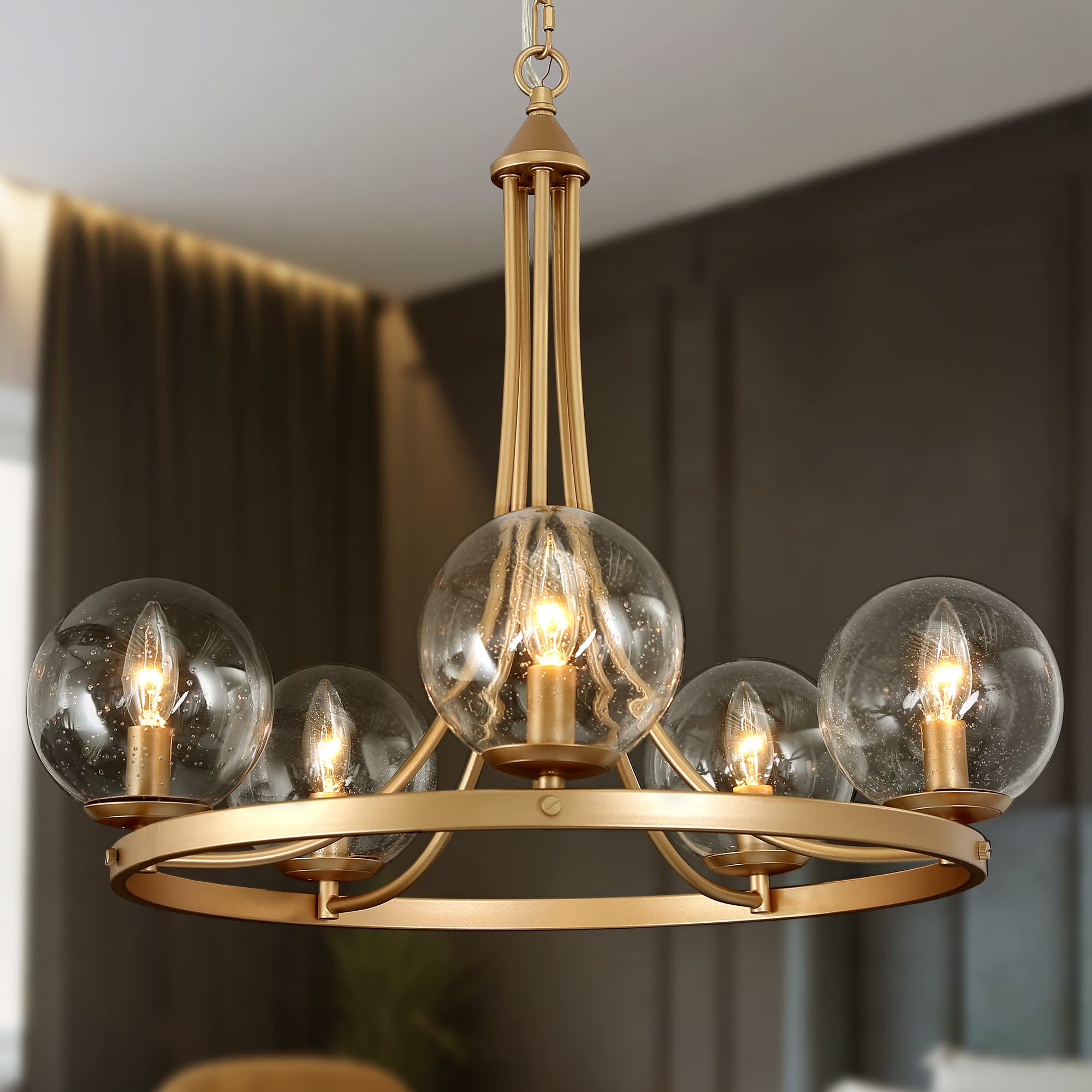 Durent Lighting Modern Chandelier Pendant 5 Seeded Glass Globe Shades for Dining & Living Room, Foyer Round Wagon Wheel Light Fixture Height Adjustable for Bedroom, Dia 24", Matte Gold
