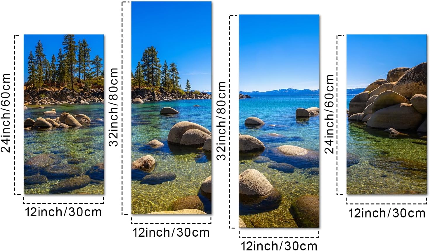 iKNOW FOTO Lake Tahoe Sand Harbor Beach Canvas Wall Art - 4-Panel Mountain and Lake Photography - Sierra Nevada Landscape Nature Decor - Ready to Hang 48"x32" Wall Art for Nature Lovers