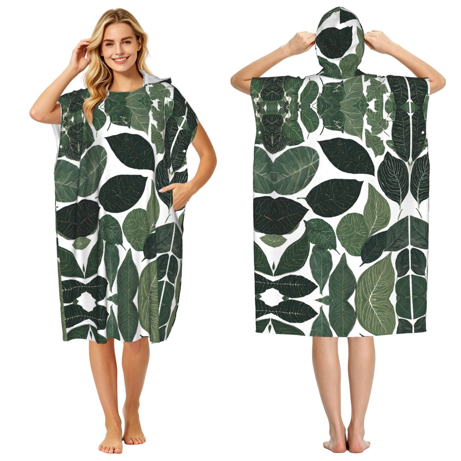 EZDLOWVBA Tropical Leaves Print Hooded Poncho Microfiber Beach Towel,Adult Women & Men Changing Robe,Lightweight Summer Surf Swim Bath Poncho Towel