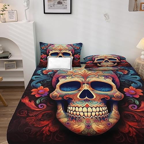 Miniatura 2 de Day of The Dead - Juego de sábanas de tamaño matrimonial, sábanas con patrón de calavera mexicana, sábanas y fundas de almohada de 4 piezas, sábana