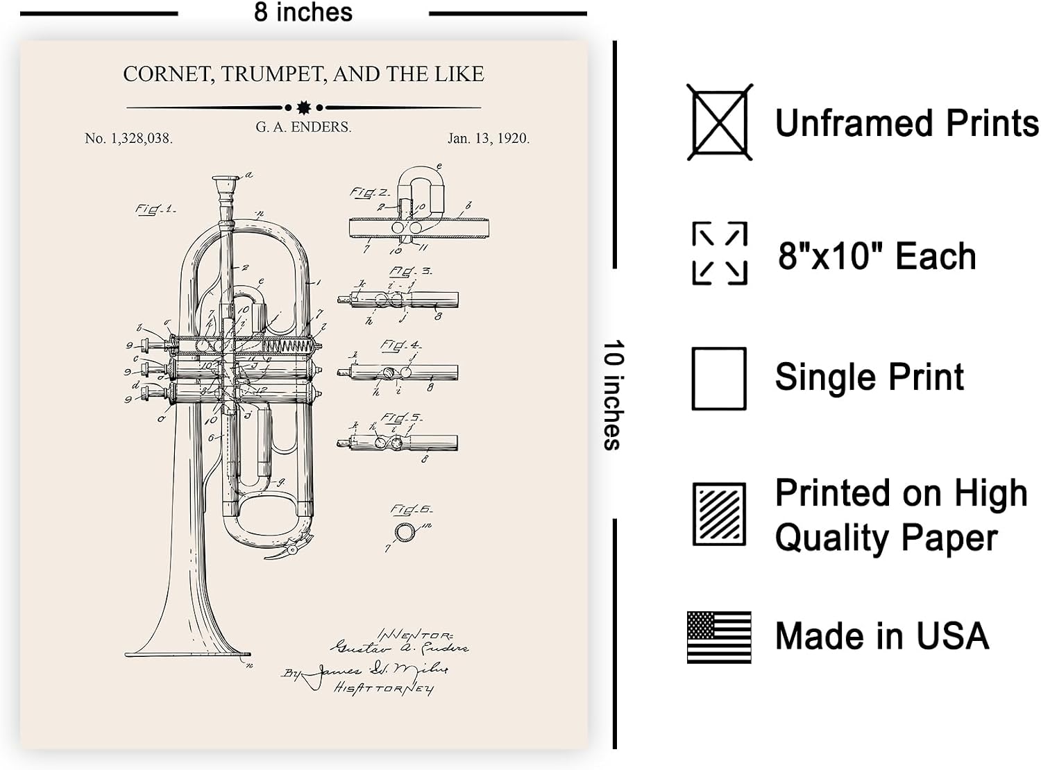 Poster Master Trumpet Blueprint Poster - Trumpet Patent Print - Music Art - Musical Instrument Design - Technical Design - Marching Band Decor - Office or Music Room Decor - 8x10 UNFRAMED