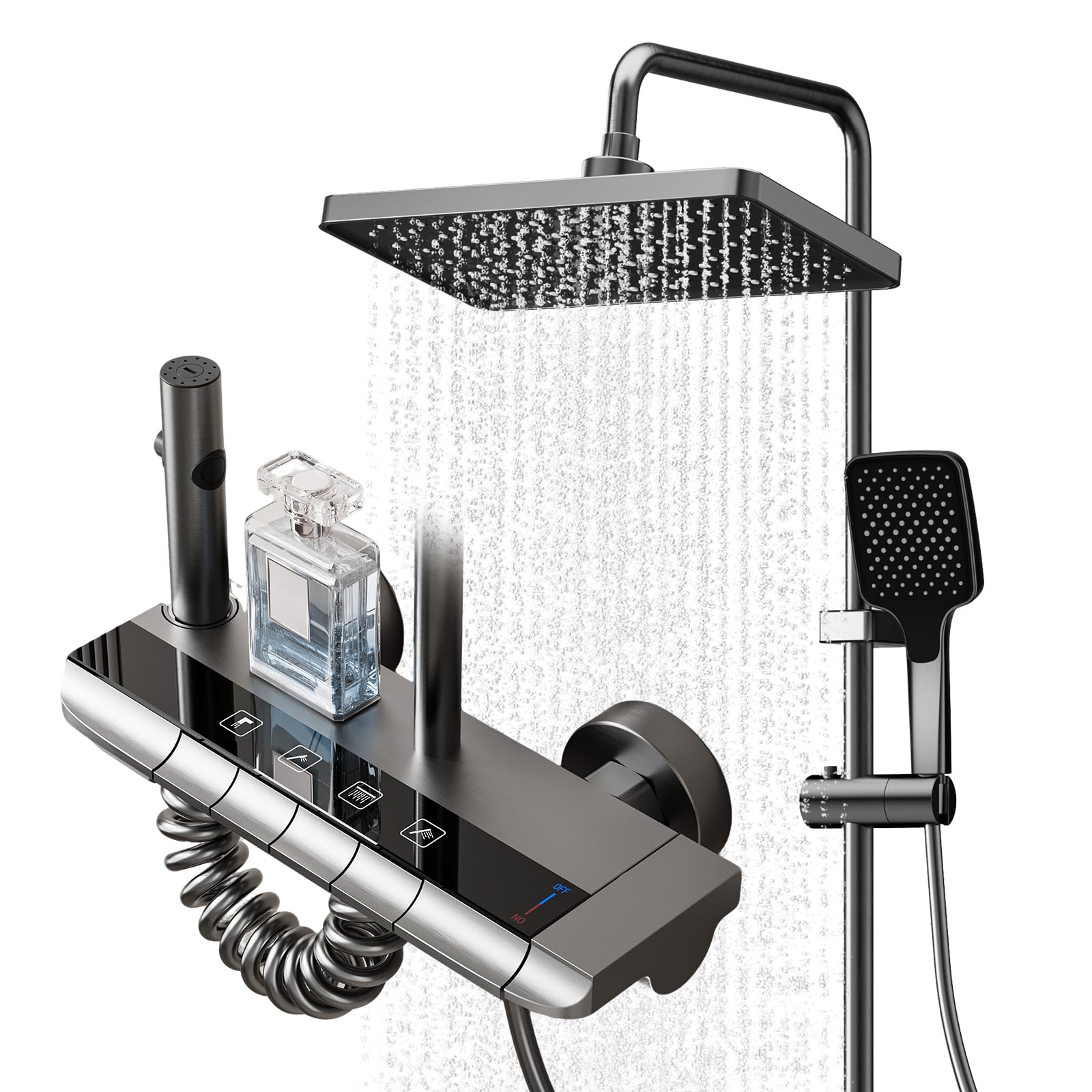 Shower Mixer Set with Height-Adjustable Shower Rail, Handheld Shower & Rainfall Overhead, Pull-Out Spray Gun & Tap, Piano Key Controls, 4-Spray Modes — image 1