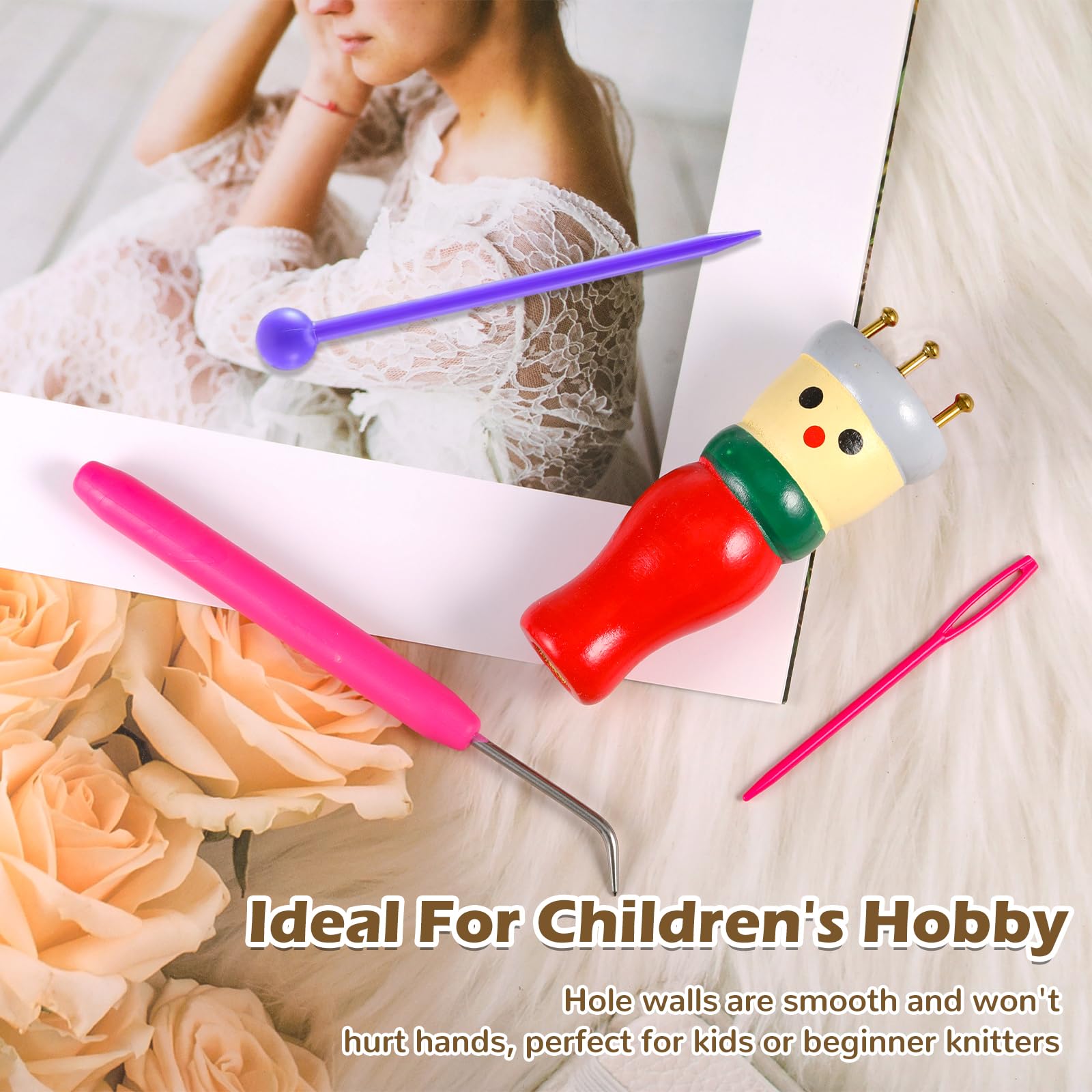 Set Di 2 Bambole Per Maglia Francese In Legno – Kit Per Principianti Con Aghi E Spilli – Per Adulti E Bambini – Crea Sciarpe, Bracciali E Decorazioni Fai Da Te - 3