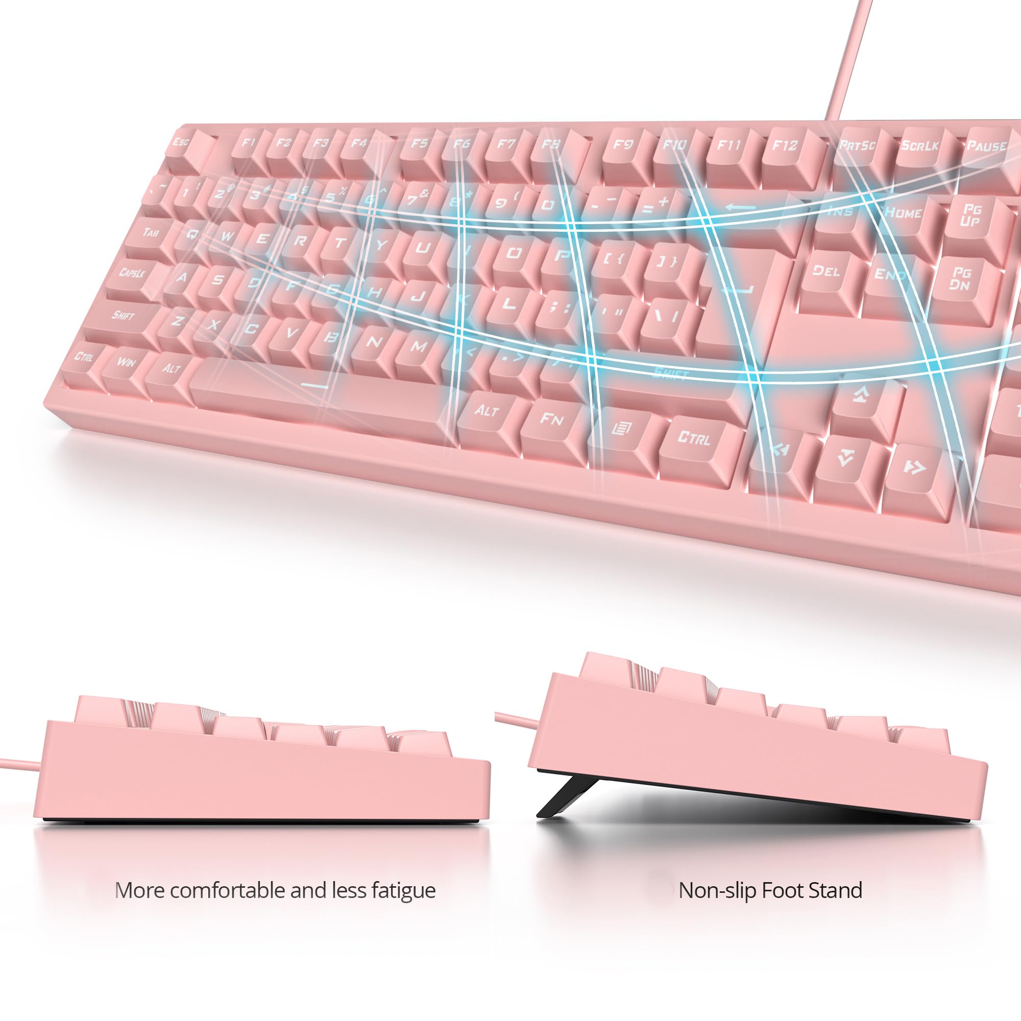 Tastiera da gioco con 104 tasti, retroilluminata a LED, tastiera con cavo, tastiera meccanica a doppio scatto, tastiera a membrana per PC e laptop (104 rosa)