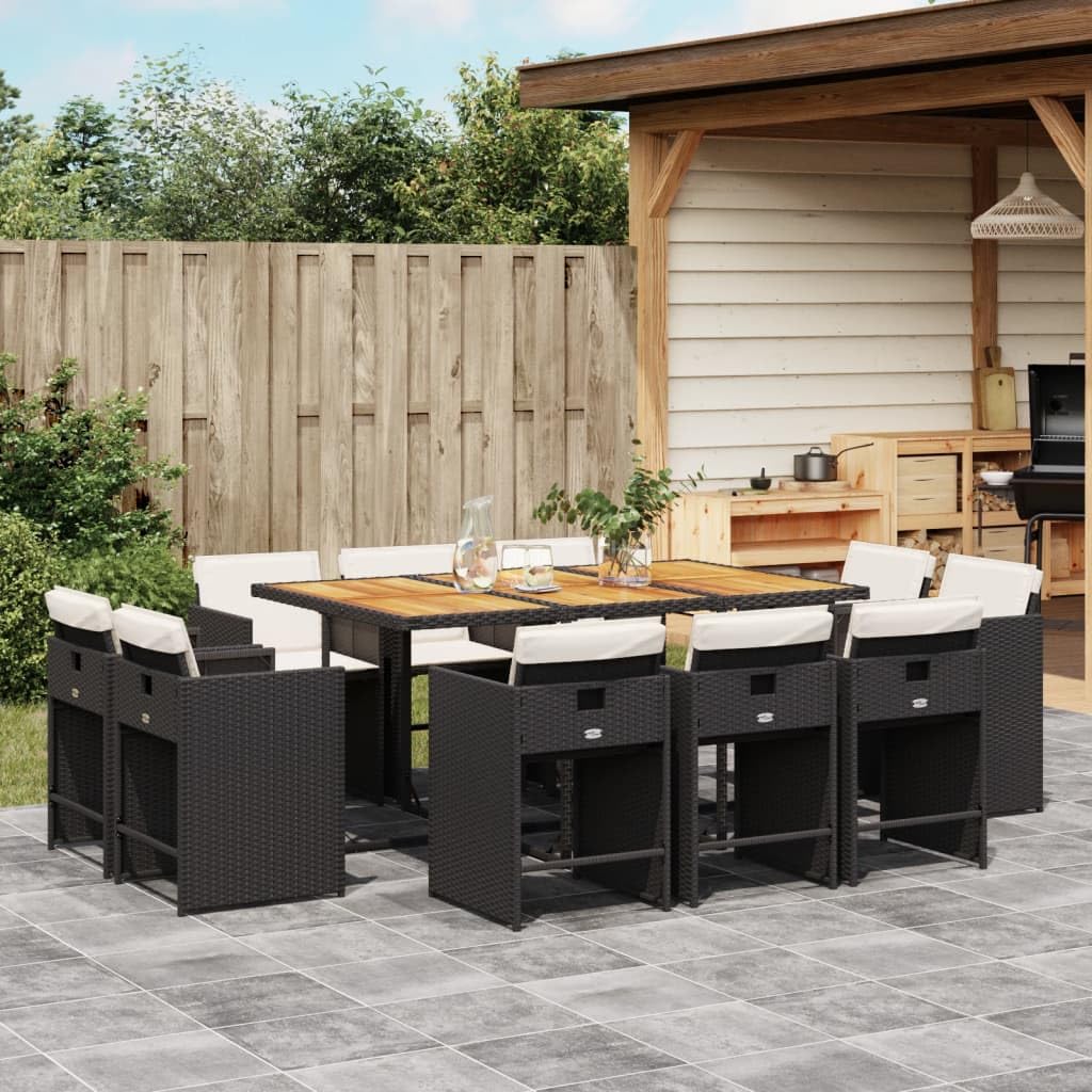 11-Piece Patio Dining Set, Expandable Outdoor Table and Chairs, Black Poly Rattan, Acacia Wood, Weather-Resistant, Cushioned Seats, for 10 People