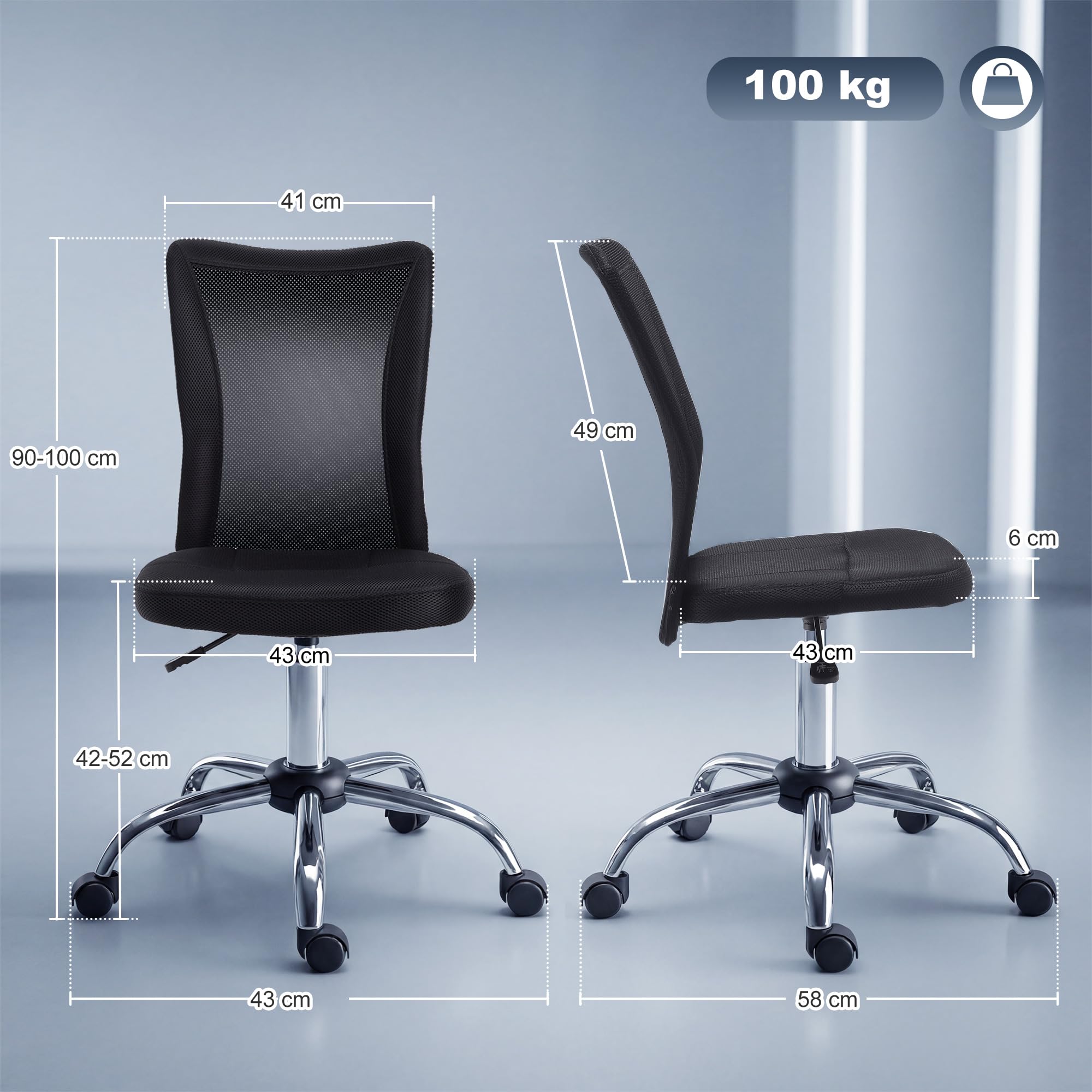 Vinsetto Chaise de Bureau Ergonomique, Fauteuil de Bureau, Hauteur Réglable, Piètement Chromé, Pivotant 360°, Revêtement Maille, Noir
