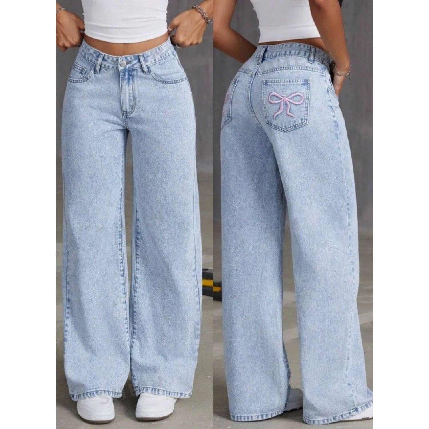 Baggy-Jeans für Damen, Teenager, Mädchen, Schleife, süße Denim-Jeans, hohe Taille, gerades Bein, Hose, ästhetische Szene