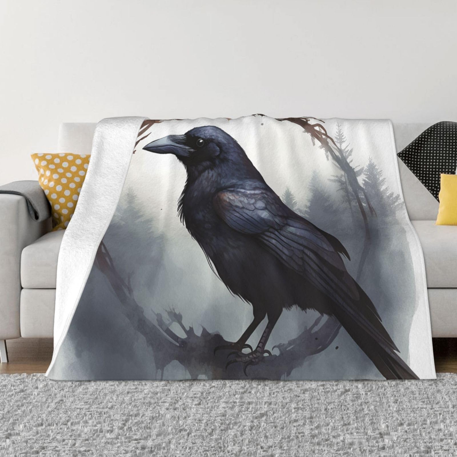 Couverture corbeau noir anti-peluche et légère en flanelle de microfibre pour lit et canapé