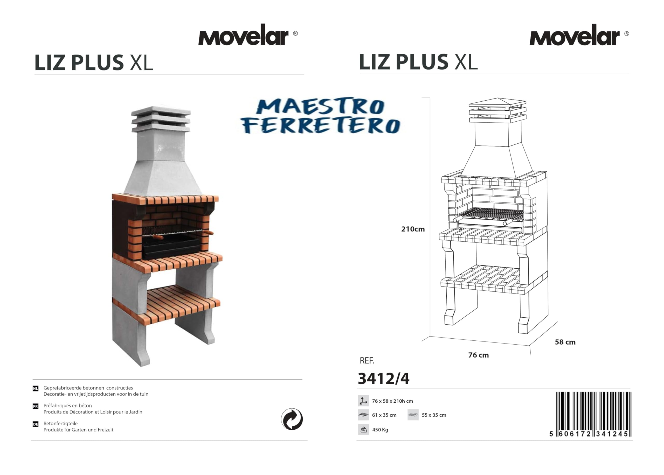 MOVELAR - Barbacoa de Obra Prefabricada de Leña y Carbón Modelo Liz XL (Gris, Naranja - 76 x 58 x 210 cm) REF: 3412/4 - Cocina de Exterior Compacta para Jardín, Terraza o Patio