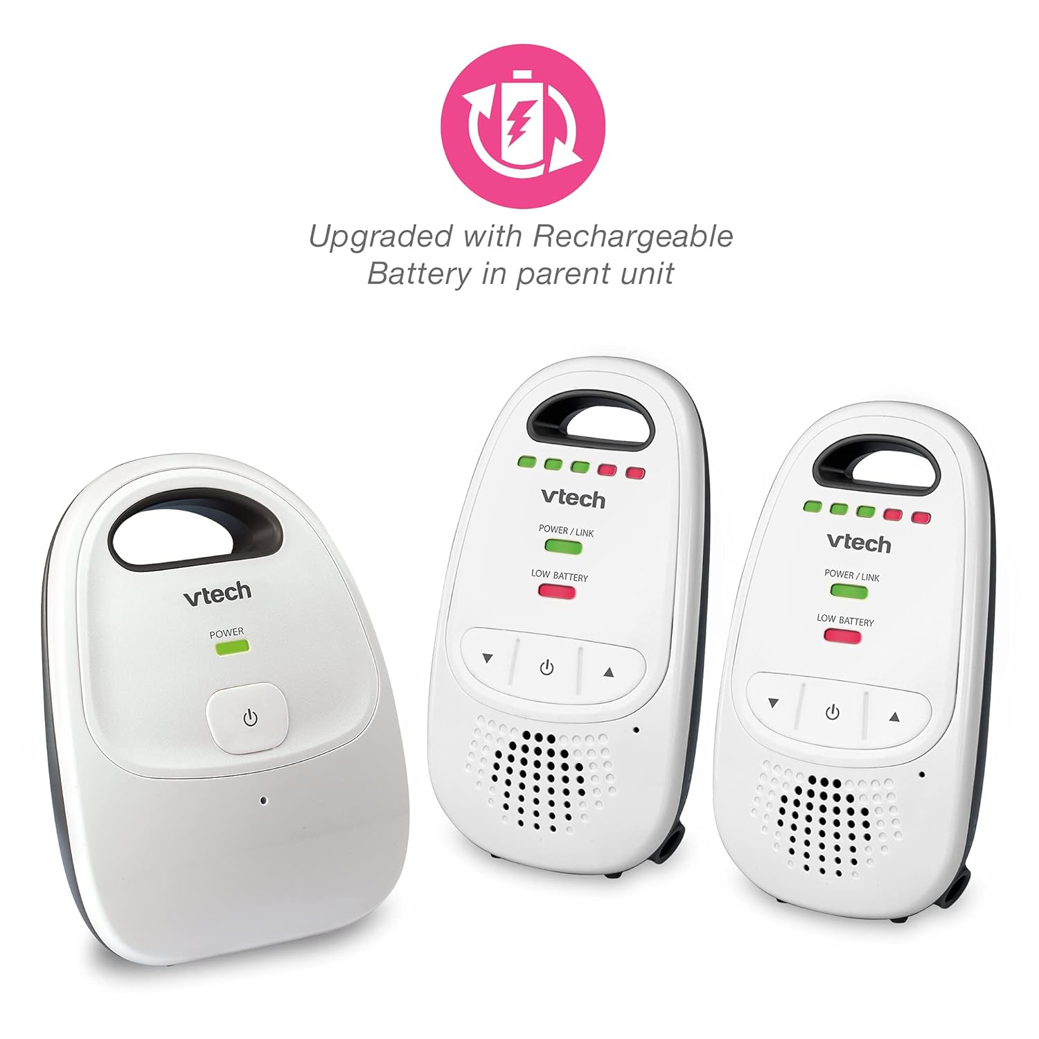 Upgraded VTech DM112-2 Audio Baby Monitor with Best-in-Class Long Range, Privacy Guaranteed DECT 6.0 Transmissions, Cystal-clear Sound, Up-graded Parent Unit with Rechargeable Battery : Baby