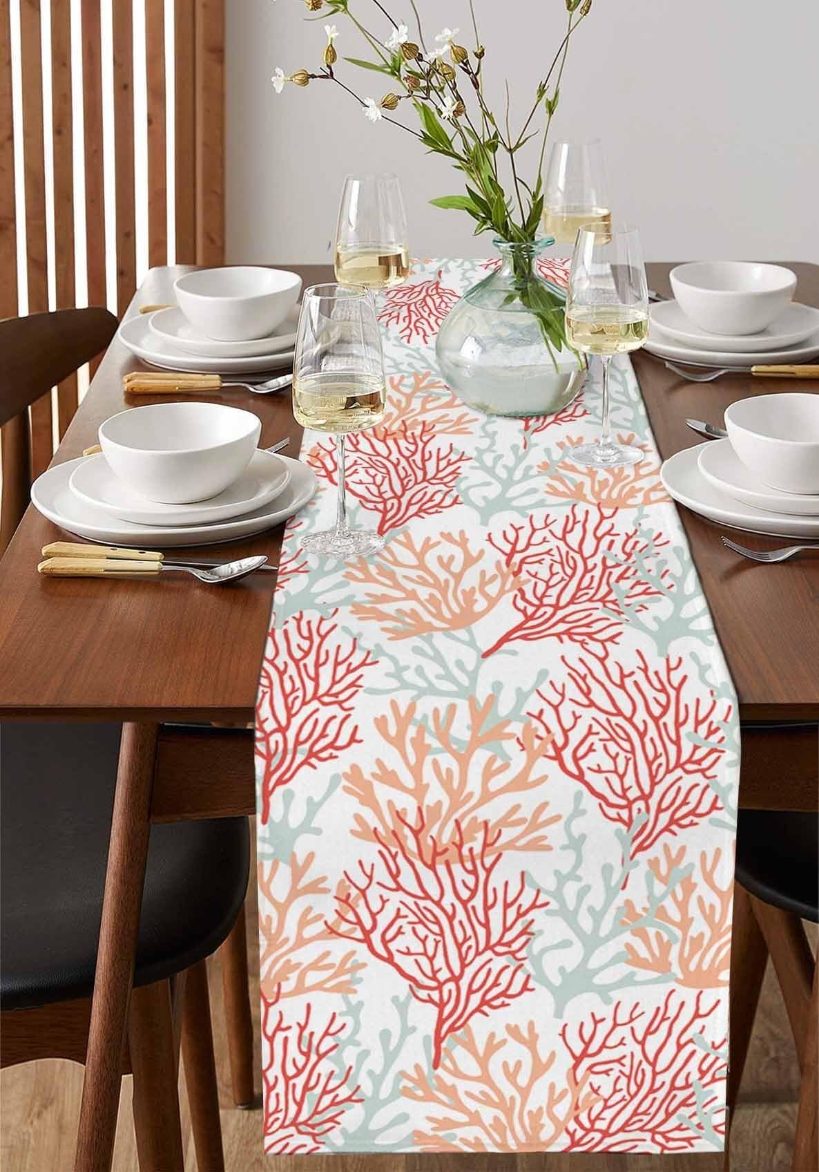 Chemin de Table en Coton et Lin Bleu Corail 13"x60" - Parfait for Une décoration sur Le thème de la Plage en été(Red Orange Grey Coral,18x72 inch)