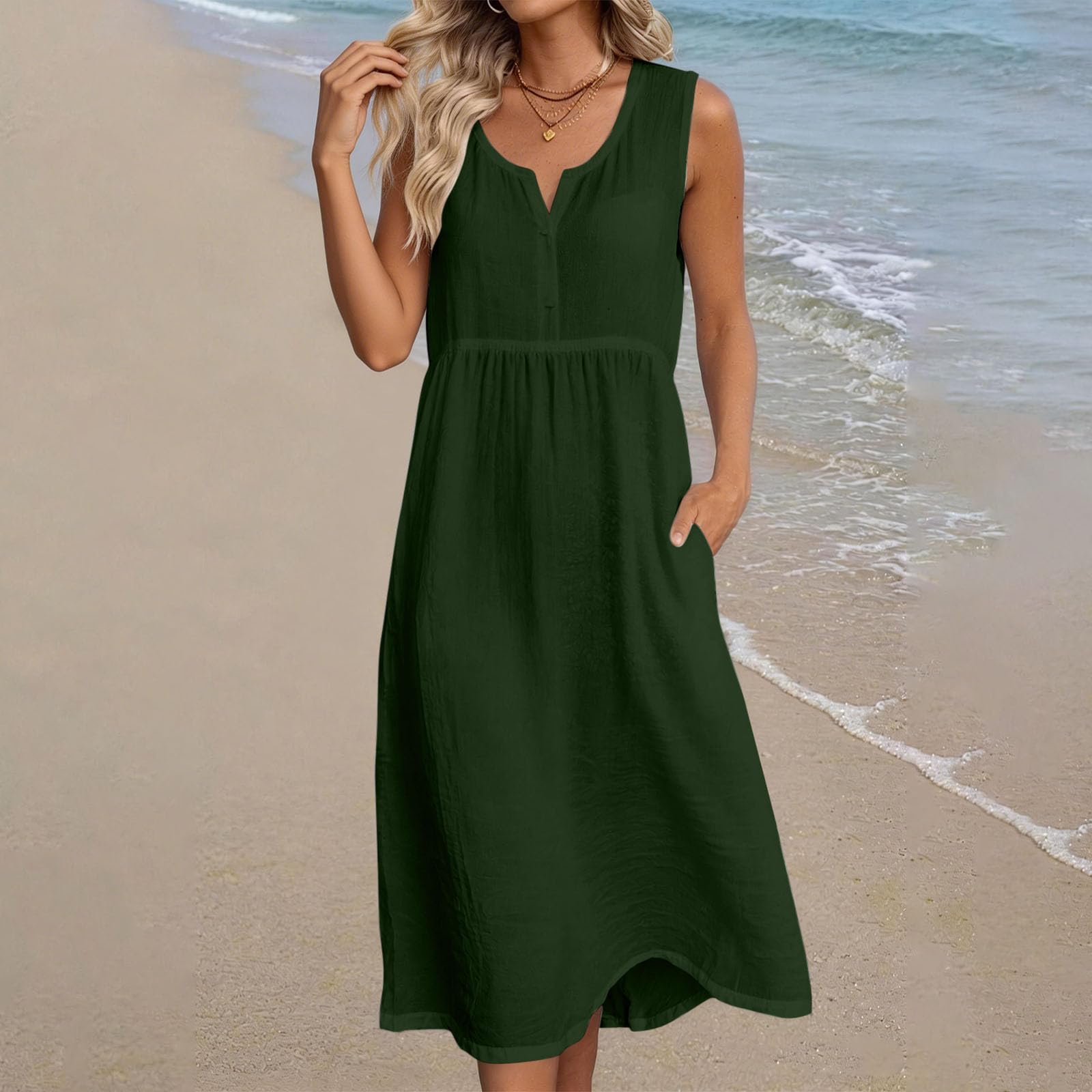 Frostluinai Womens Cotton Linen Midi Dresses Sleeveless Crewneck Empire Waist Loose Comfy Beach Casual Sundress - 4