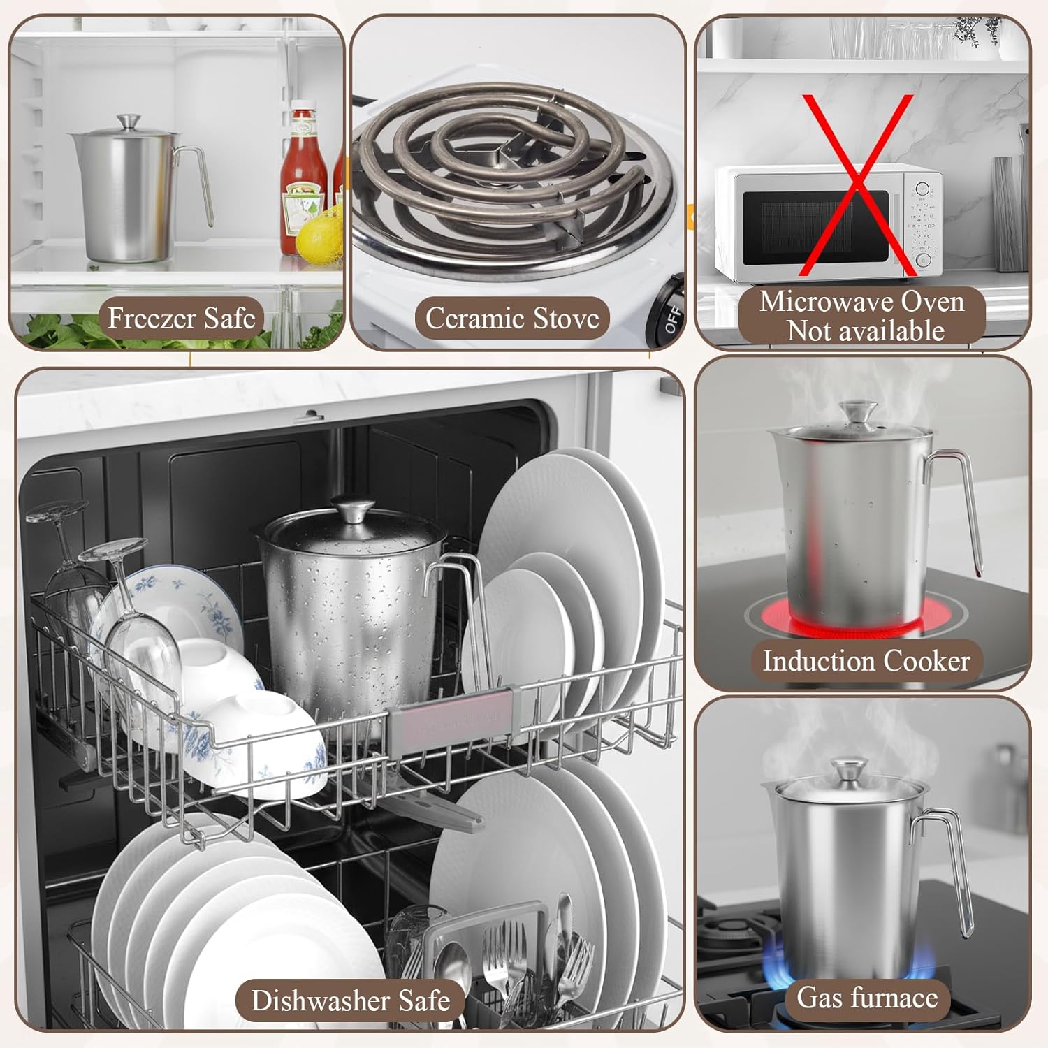304 Stainless Steel Pitcher with Lid, 70 oz / 2L Measuring Cup with Marking and Handle, Large Mouth Graduated Beakers, Metal Milk Frothing Jug for Iced Tea, Espresso Machine, Hot & Cold Water