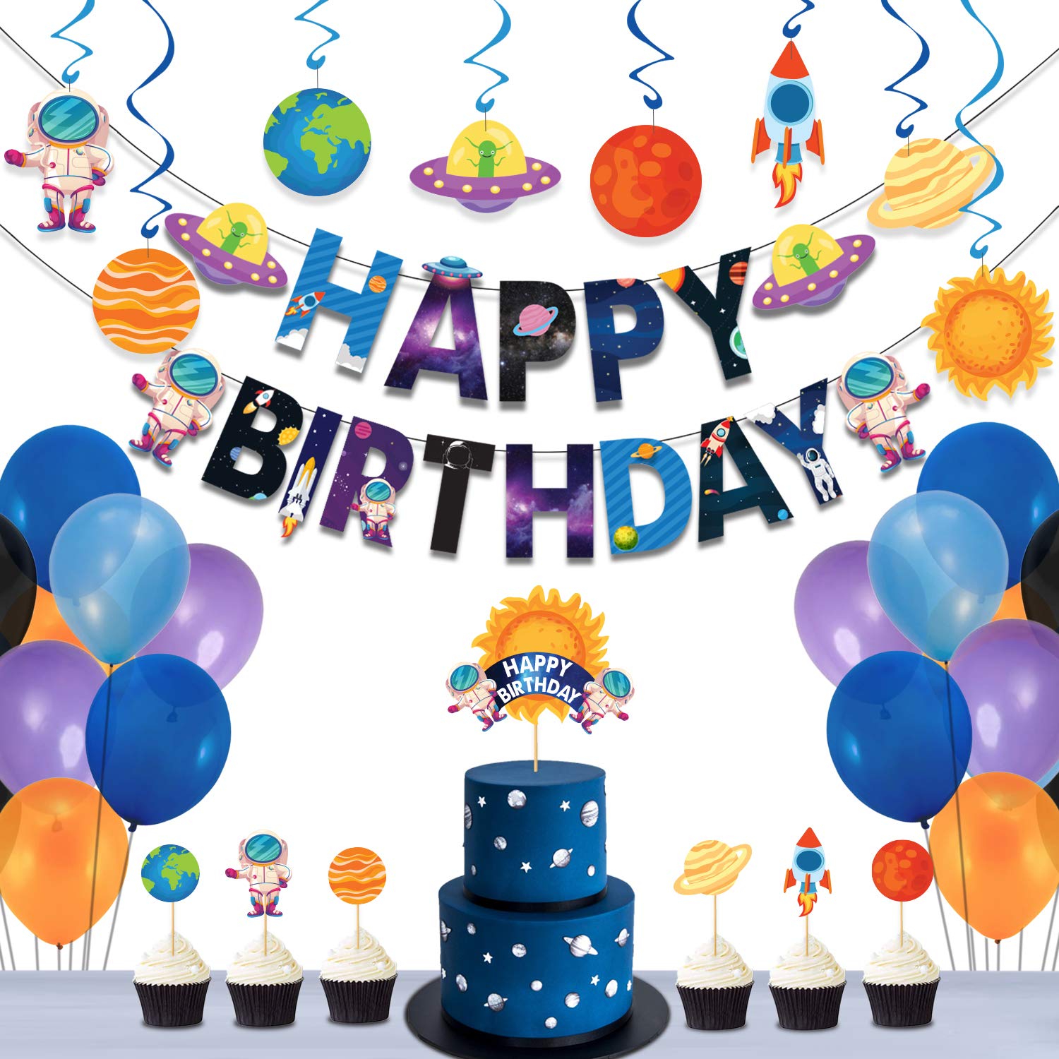 Festiko Space Theme Birthday Party Combo (36 Pcs), Outer Space Party Decorations, Party Supplies with Happy Birthday Banner Multi colour material Rubber Multi colour