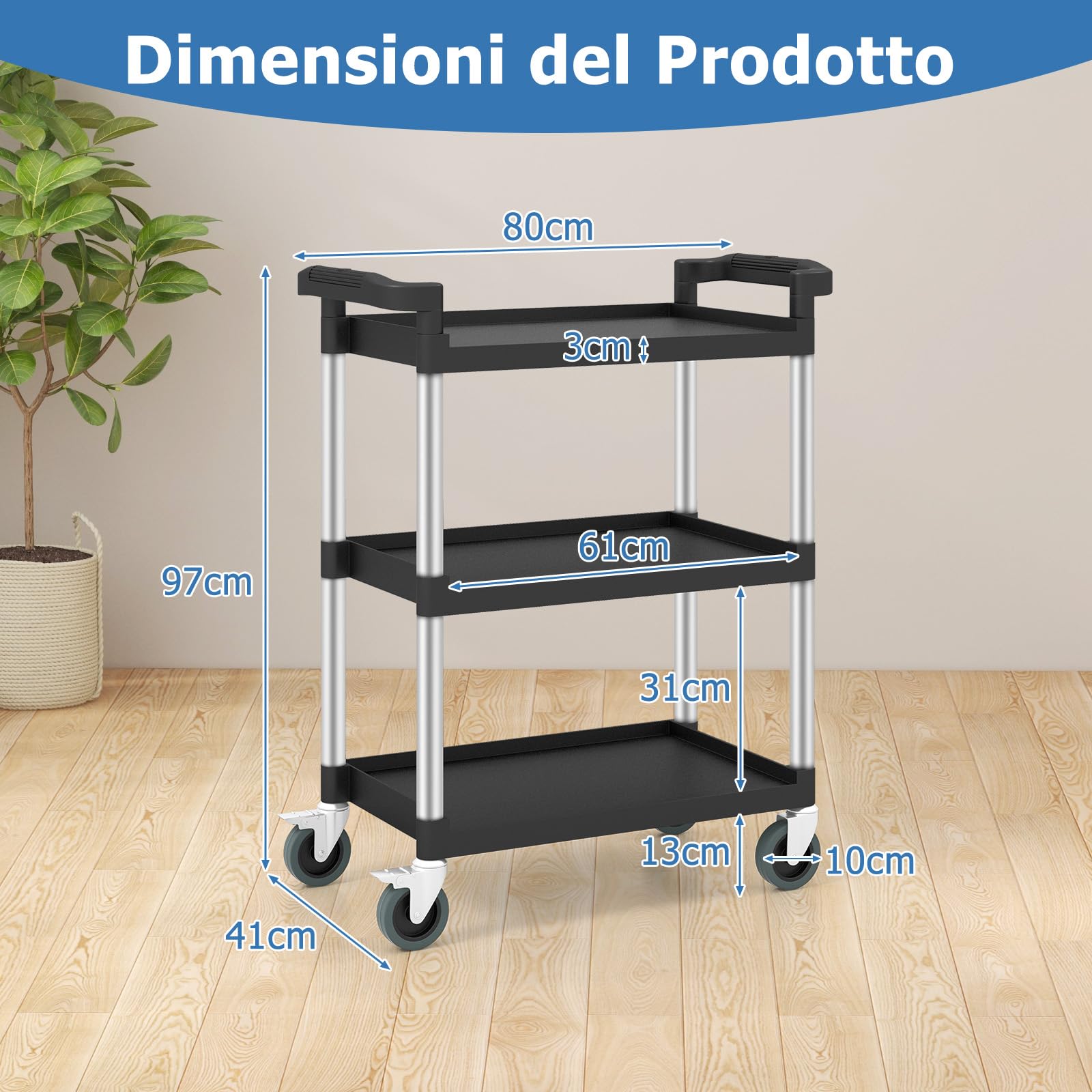 RELAX4LIFE Carrello di Servizio a 3 Livelli, Carrello in Alluminio con Ruote Universali e Bloccabili, Mobile per Cucina, Soggiorno, Ristorante, Hotel, Ufficio