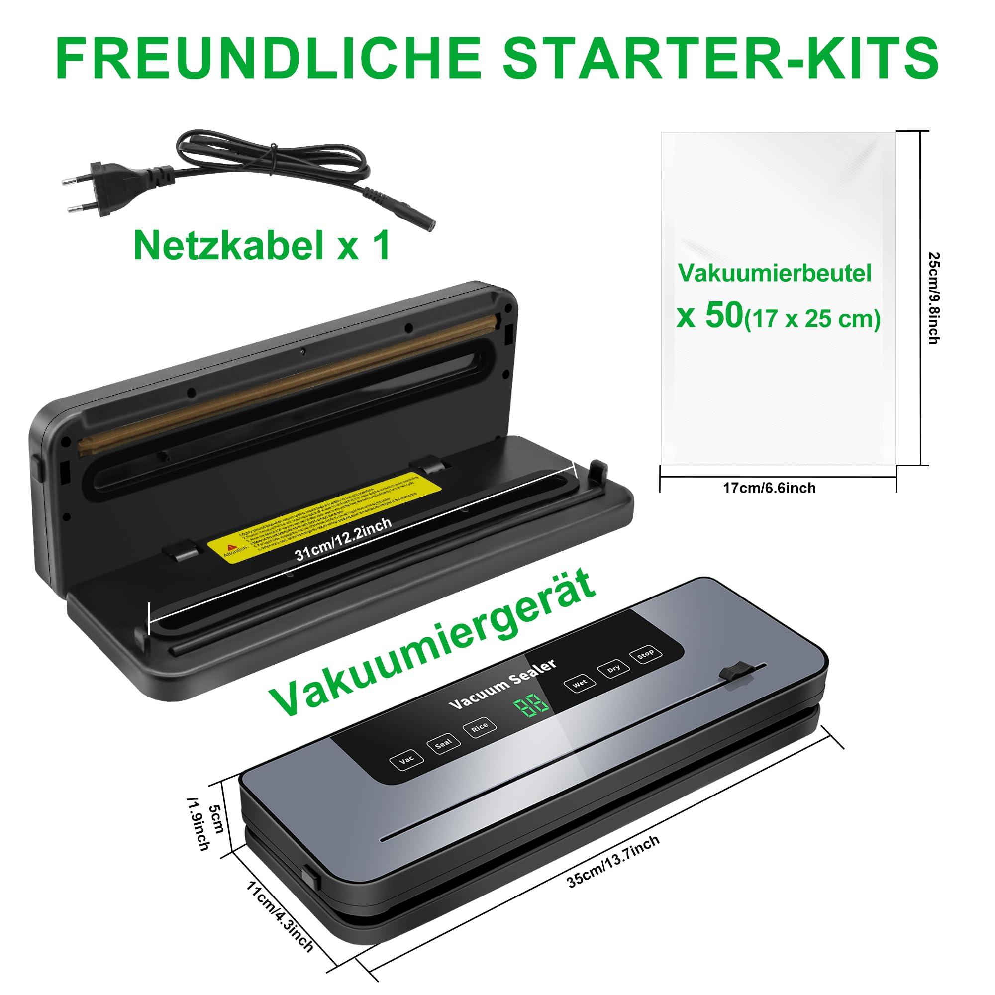 Vakuumiergerät 7 in 1 Profi mit Cutter und Digitalem Countdown, 50 Vakuumierbeutel für Lebensmittelkonservierung