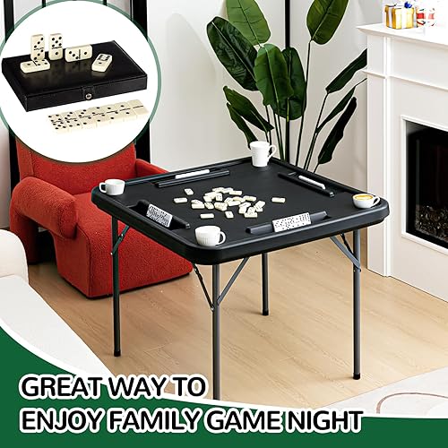 Miniatura 4 de Juego de mesa de juego de dominó plegable de 2 piezas, mesa de plástico de 38 pulgadas y dominó estándar con caja de cuero, mesa cuadrada de juego