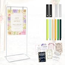 Wedding Sign Stand - Adjustable Wedding Sign W/Design Bundle & Leather Sign Hanging Straps, Durable Metal Easel Stand for Wedding Welcome Signs, Seating Charts, Ceremony & Reception Decor (White)