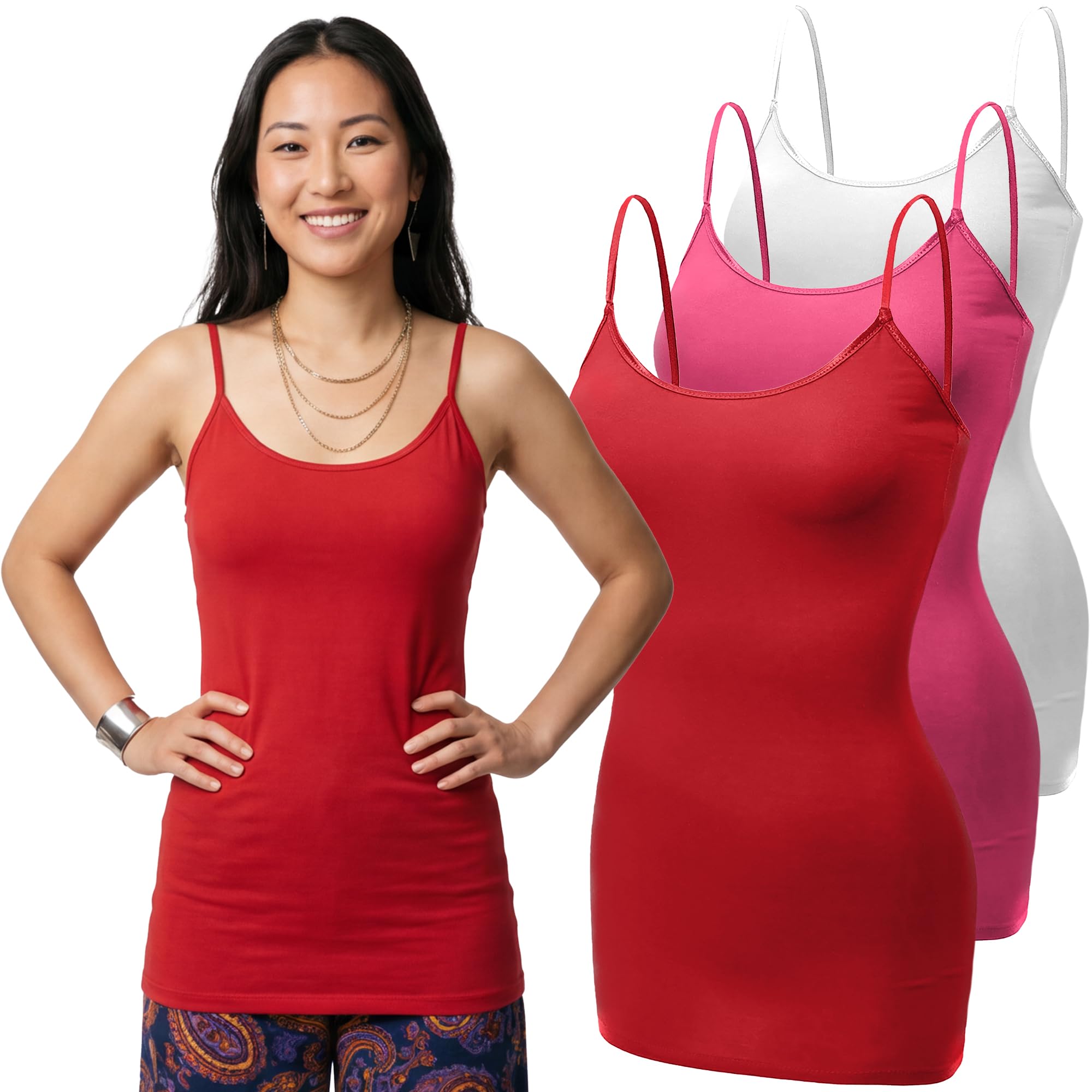 Emmalise Women's Basic Casual Long Camisole Adjustable Strap Cami Layering Top