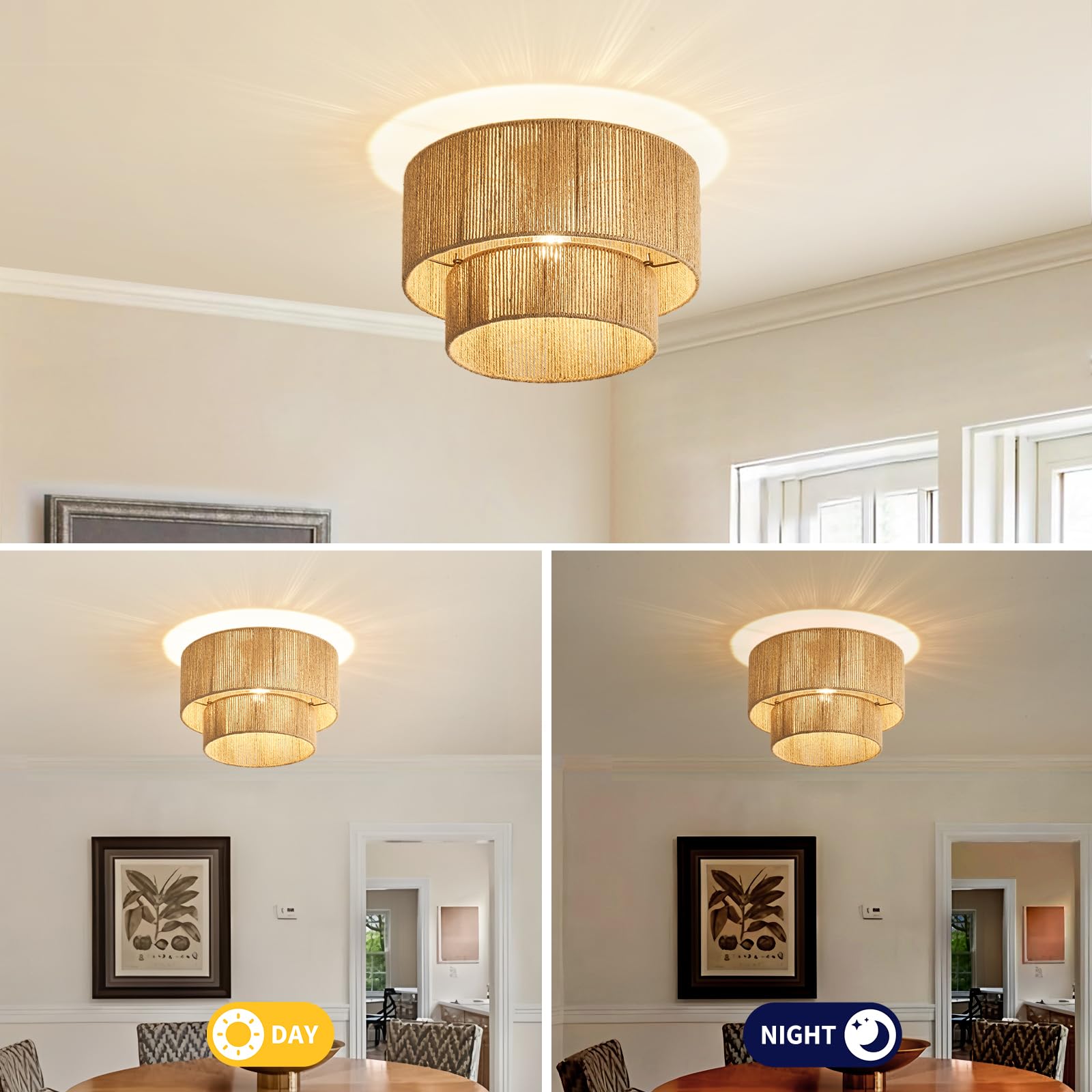 NUODIFAN Boho Deckenlampe aus Juteschnur 40 cm rustikale Jute-Leuchte für Schlafzimmer, Wohnzimmer, Küche, E27 Fassung