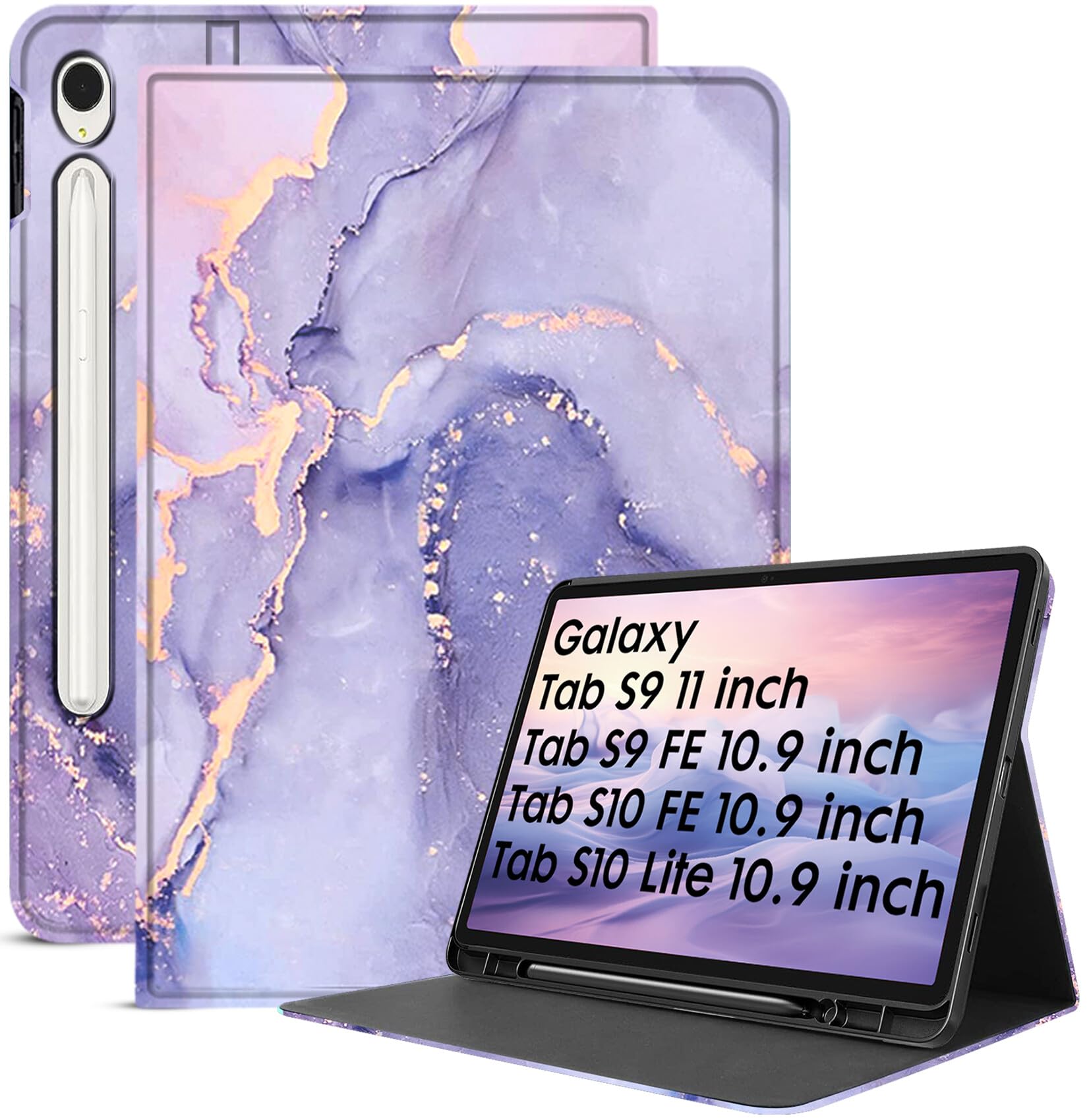 Robustrion Case for Samsung Galaxy Tab S10 FE 10.9 inch / S9 FE 10.9"/Tab S9 11" Cover with [S Pen Holder] [Auto Sleep Wake] Folio Cover Case for Samsung Tab S9 / S9 FE / S10 FE Tablet - Marble Lilac-image-39