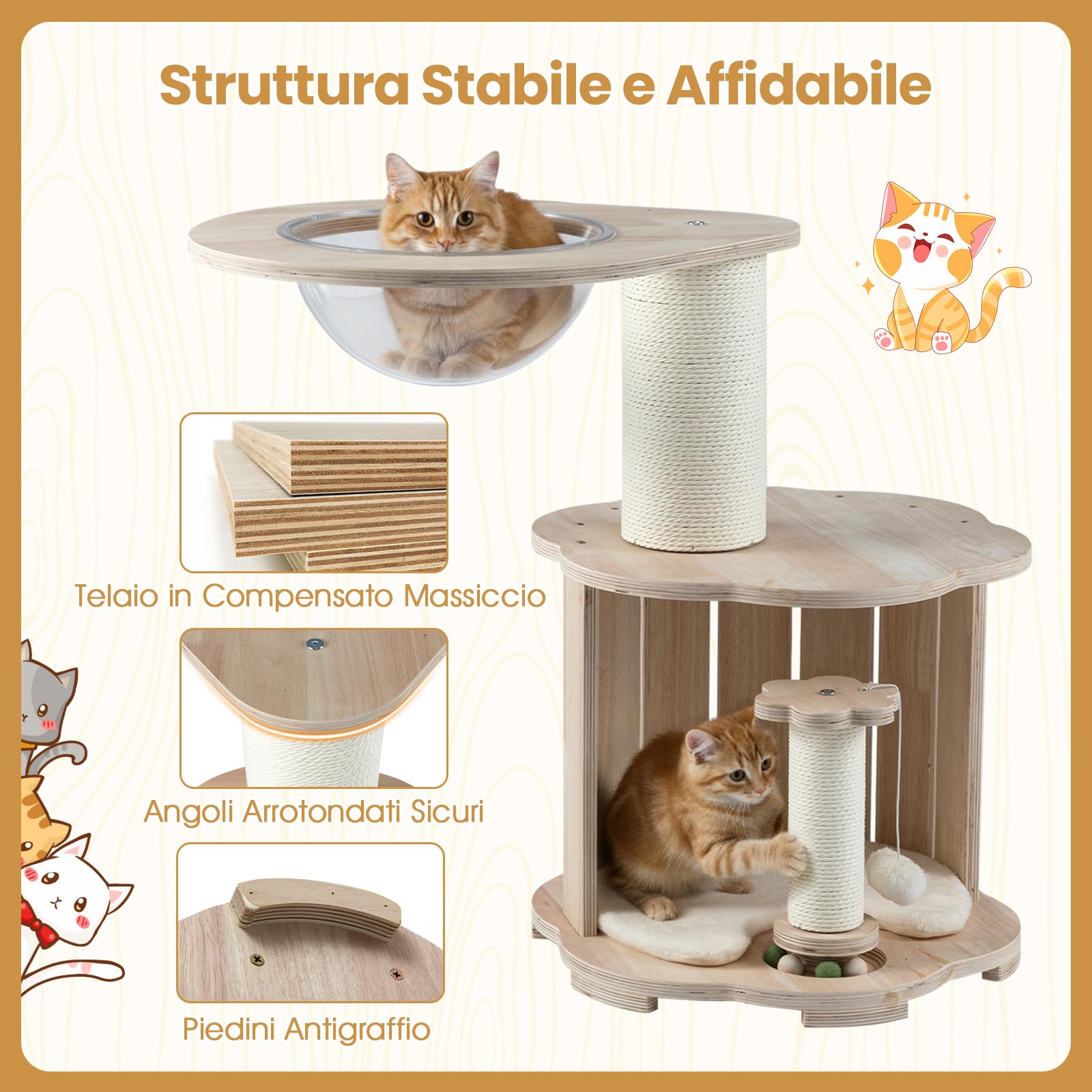 COSTWAY Albero per Gatti Alto 74 cm, Tiragraffi per Gatti in Legno con Condo, Capsula Spaziale, Tiragraffi, Gioco Interattivo con Pista per Palline in Legno, Pallina Appesa e Tappetino Lavabile