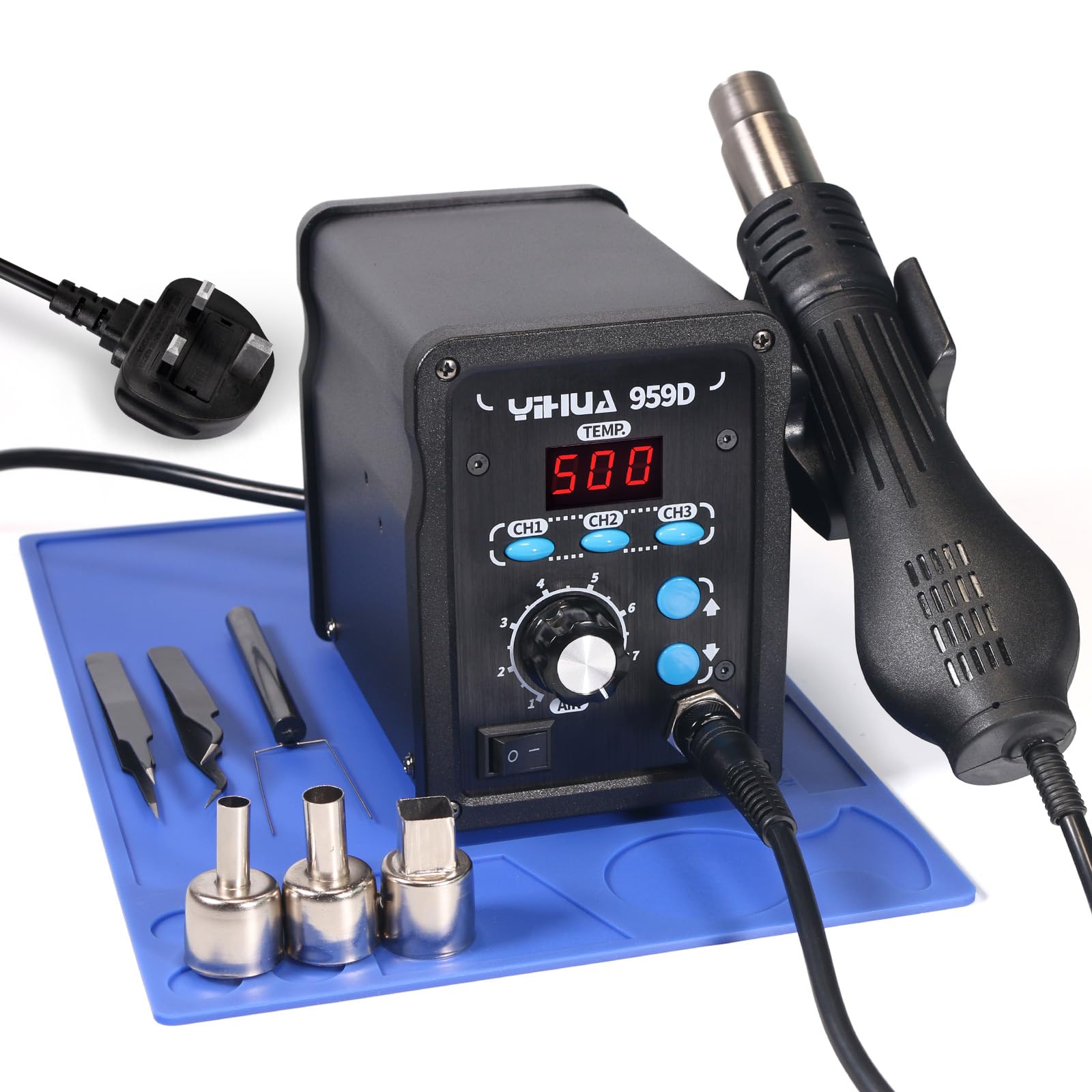 YIHUA 959D Hot Air Rework Station for SMD Soldering 3 Memory Channels with 3 Hot Air Nozzles, Soldering Work Mat, ESD Safe Tweezers(UK Plug)