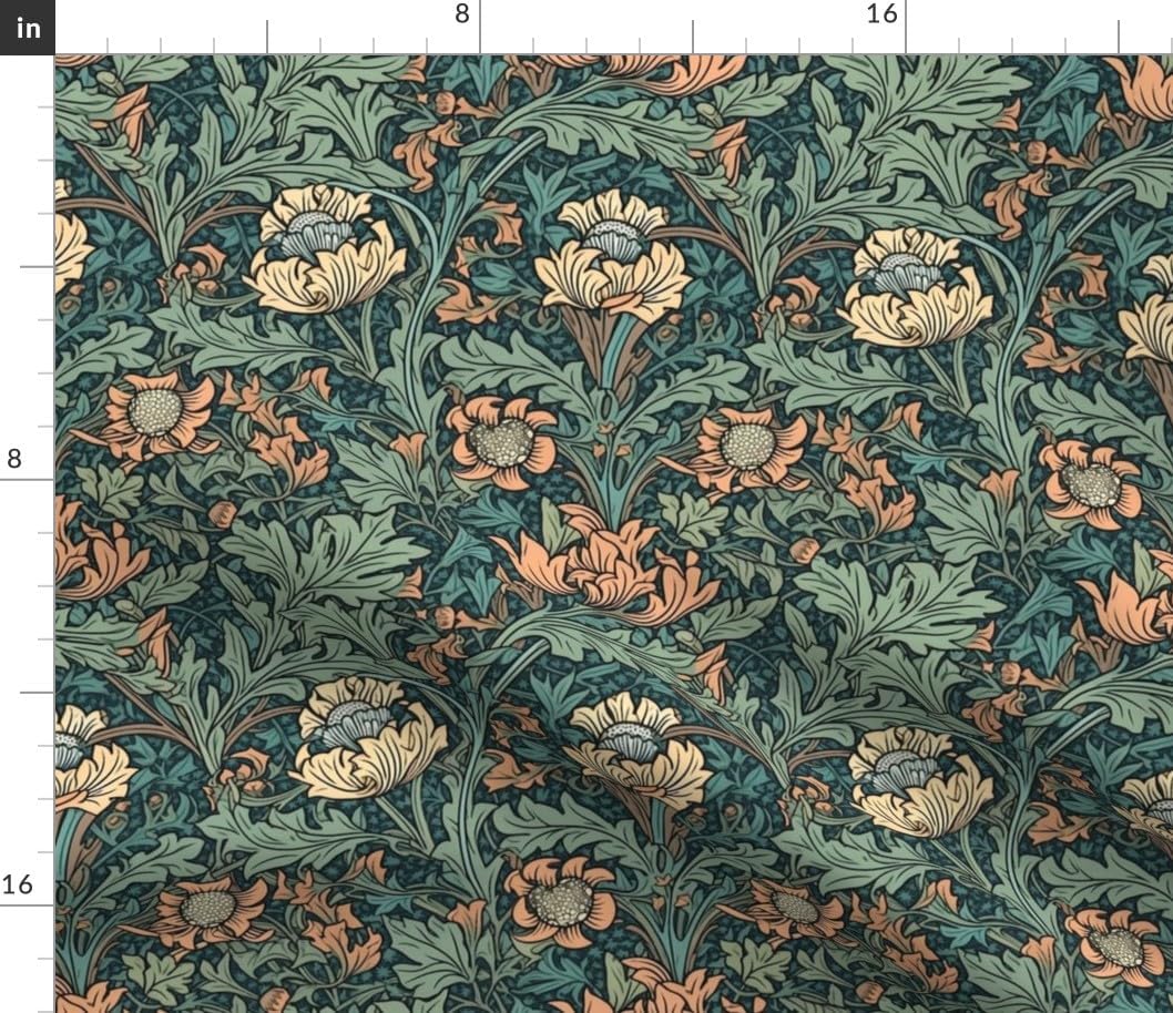 Spoonflower Fabric - William Morris Green Yellow Botanical Flowers Victorian Damask Printed on Petal Signature Cotton Fabric by The Yard - Sewing Quilting Apparel Crafts Decor