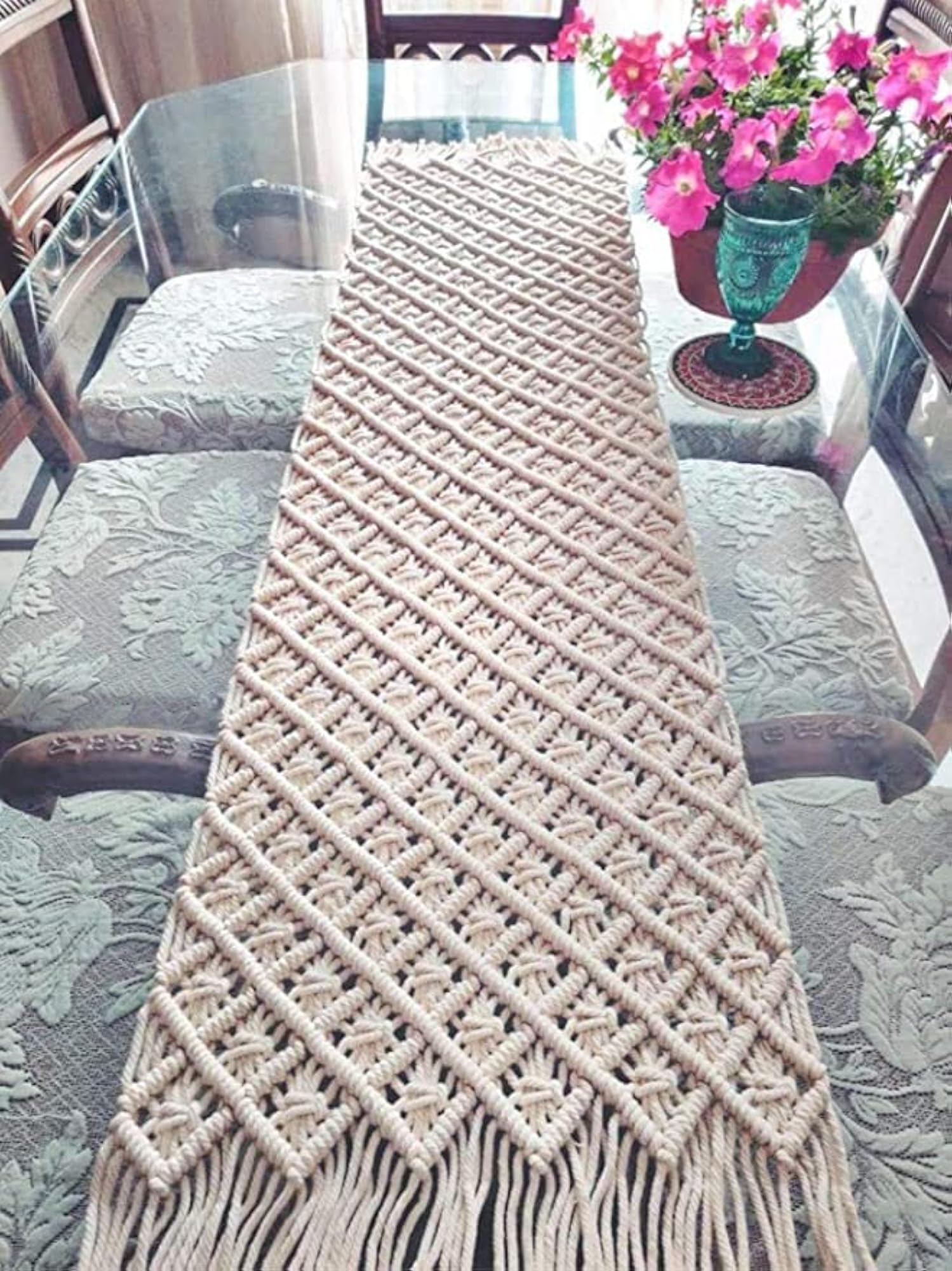 Macrame Bohemian Handwoven Table Runner, Off-White