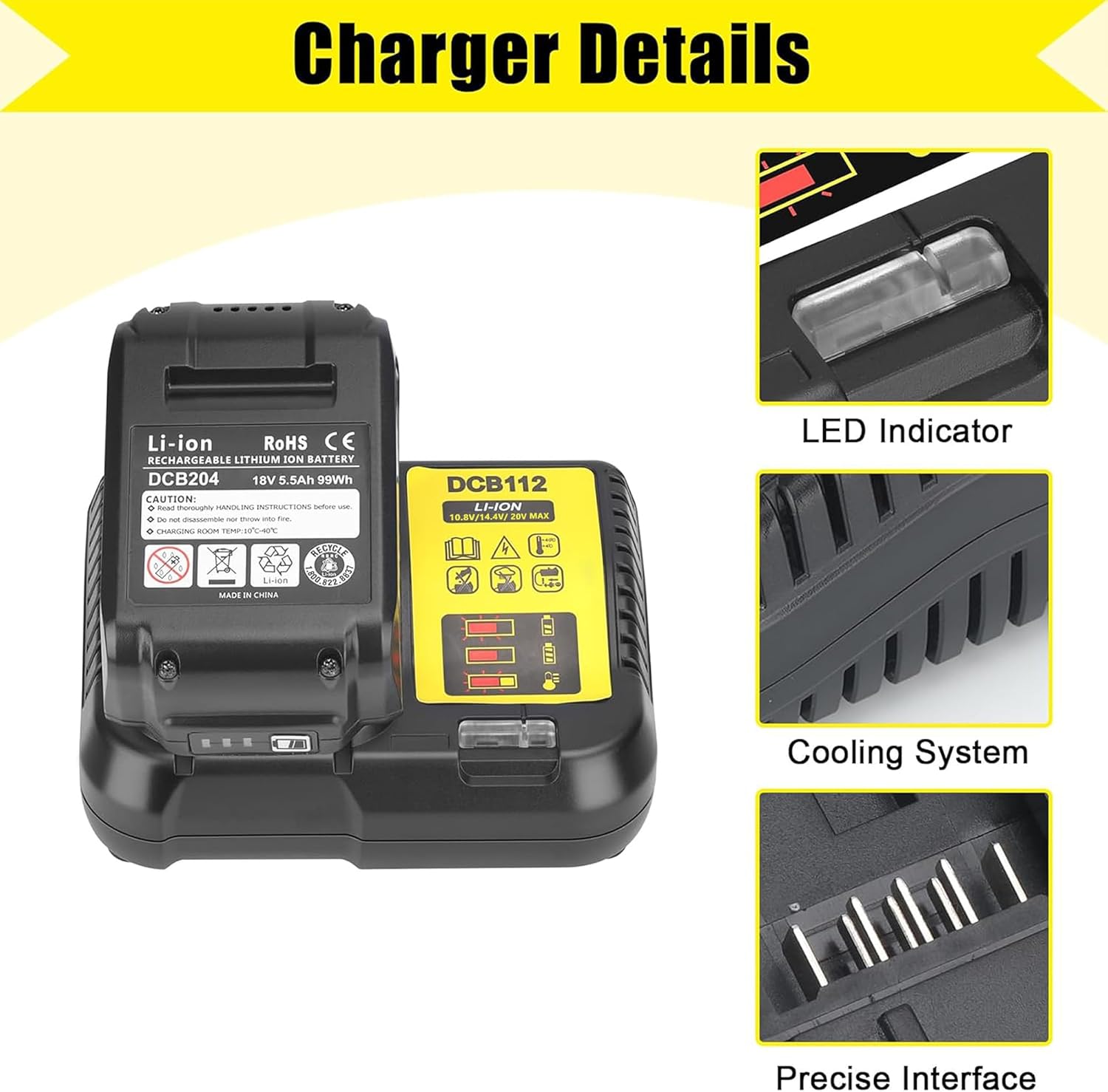 JYJZPB DCB112 Battery Charger Compatible for 20V Battery DCB206 DCB204 DCB230 DCB240 DCB120 DCB126 DCB612 DCB609 DCB606 Replacement for Charger 12V&20V DCB101 DCB105 DCB115 DCB107 - Image 4