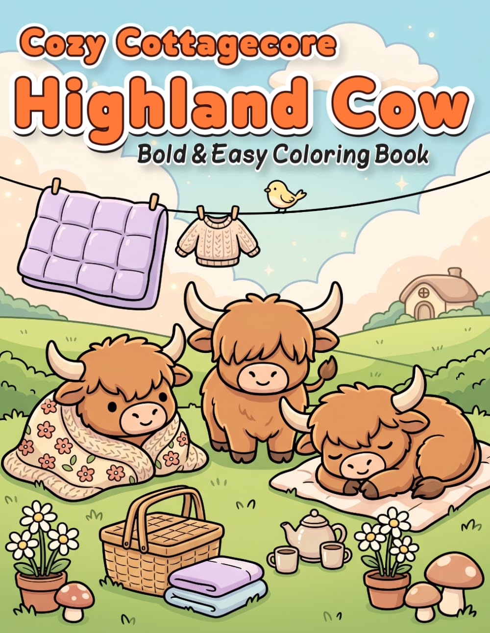 Cozy Cottagecore Highland Cow: Bold & Easy Coloring Book with 50 Relaxing Cottagecore Scenes for Adults and Kids (Cozy Cottagecore Coloring)
