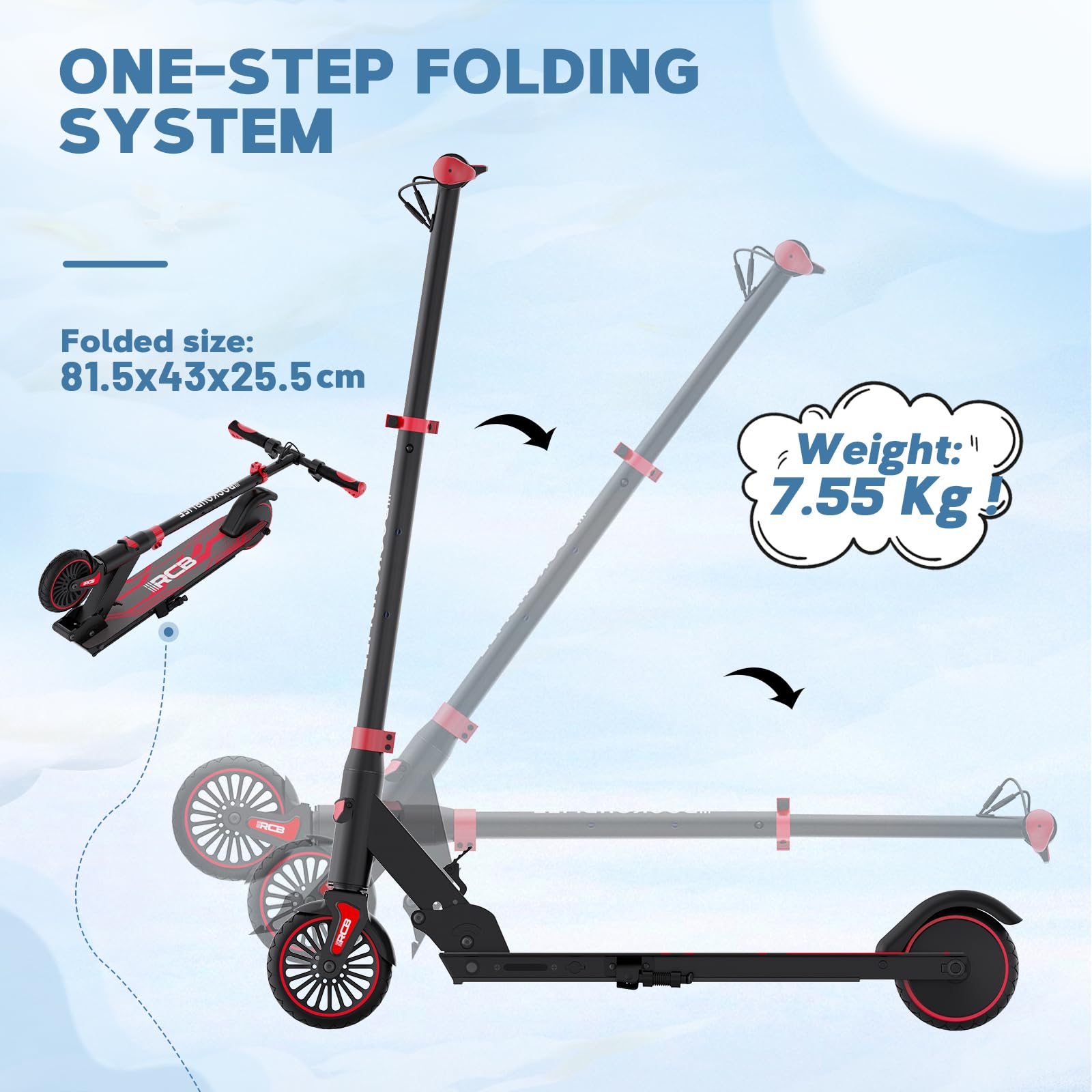 RCB Patinete Eléctrico Niños para 8-12-16 años, Solo 7.55KG Plegable Patinete Eléctrico,250W Motor, Kilometraje Máximo 16KM, Máxima 20 KM/H, Regalos para Niños y Adolescentes