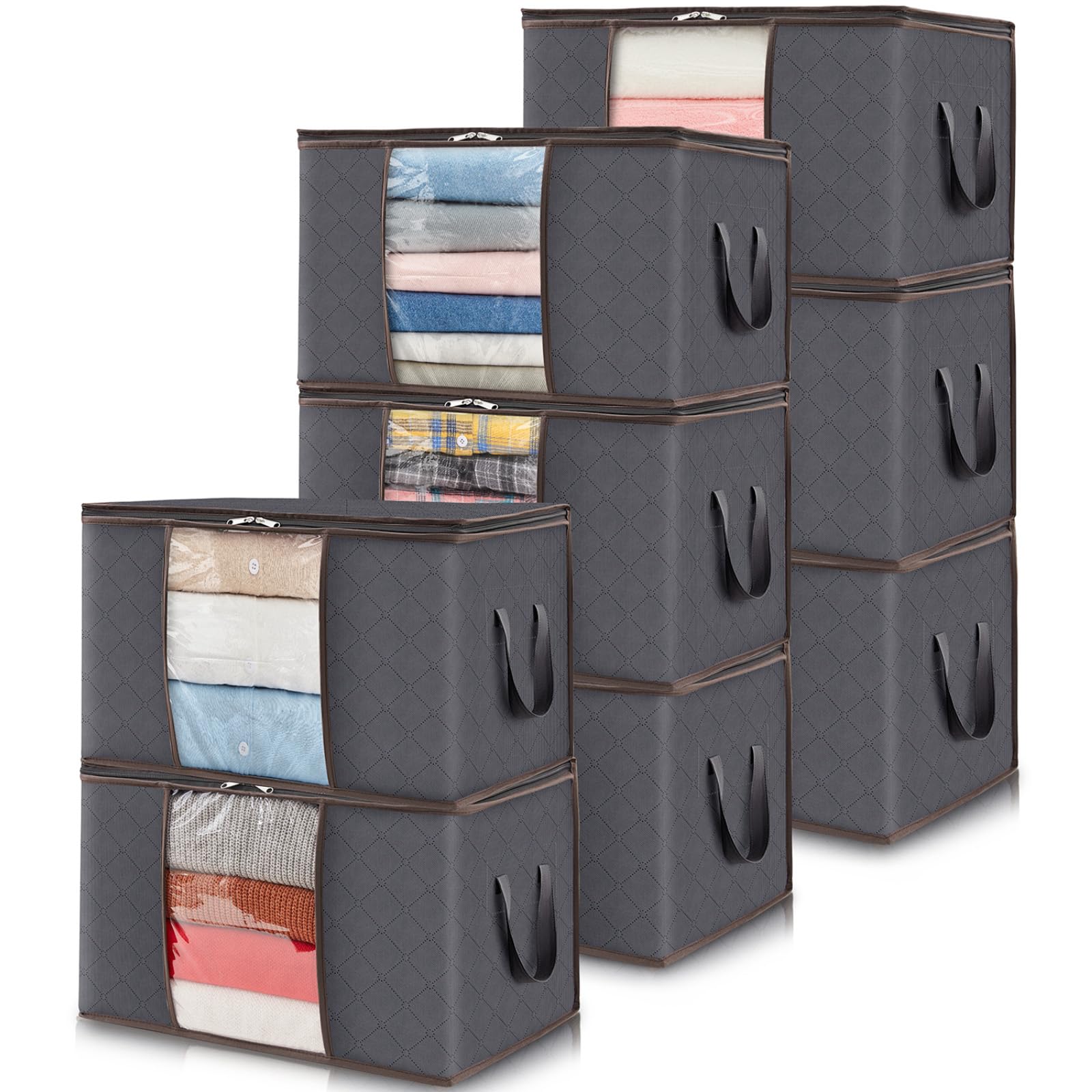 Lifewit 8 Stück Aufbewahrungstasche, Aufbewahrungsbox mit Deckel, Kleiderschrank Organizer Faltbare Kleideraufbewahrung Umzugskartons mit Verstärkt Griff für Bettdecken Kleidung Decke, Grau