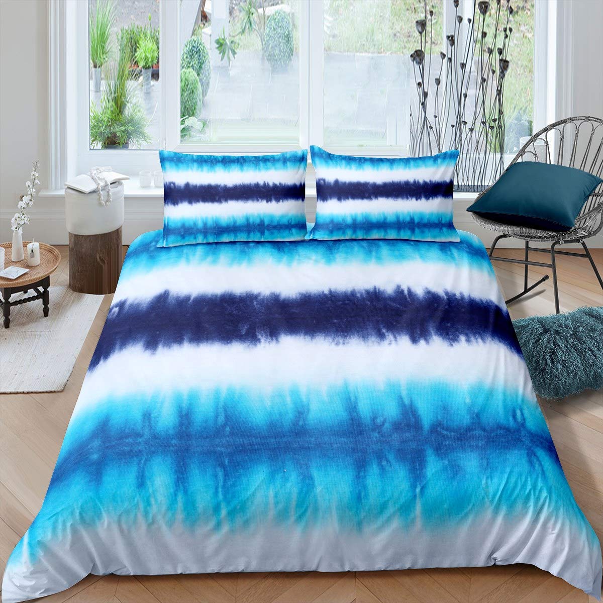 Feelyou Tie Dye Comforter Cover Blue Stripe Bedding Set Boho Hippie Tie Dye Duvet Cover for Kids Boys Girls Adults Microfiber Abstract Art Bedspread Cover Room Decor Bedclothes Twin Size
