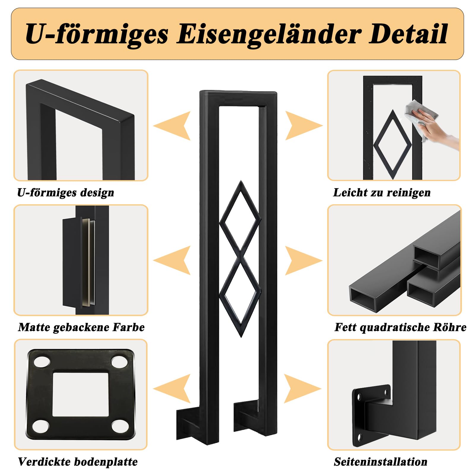 Barandilla de Escalera en Forma de U, Hierro Forjado Pasamanos con Diseño Diamante, Parapeto Interior para Loft, Balcón, Balaustre Exterior, Instalación Lateral (Negro, 110cm)