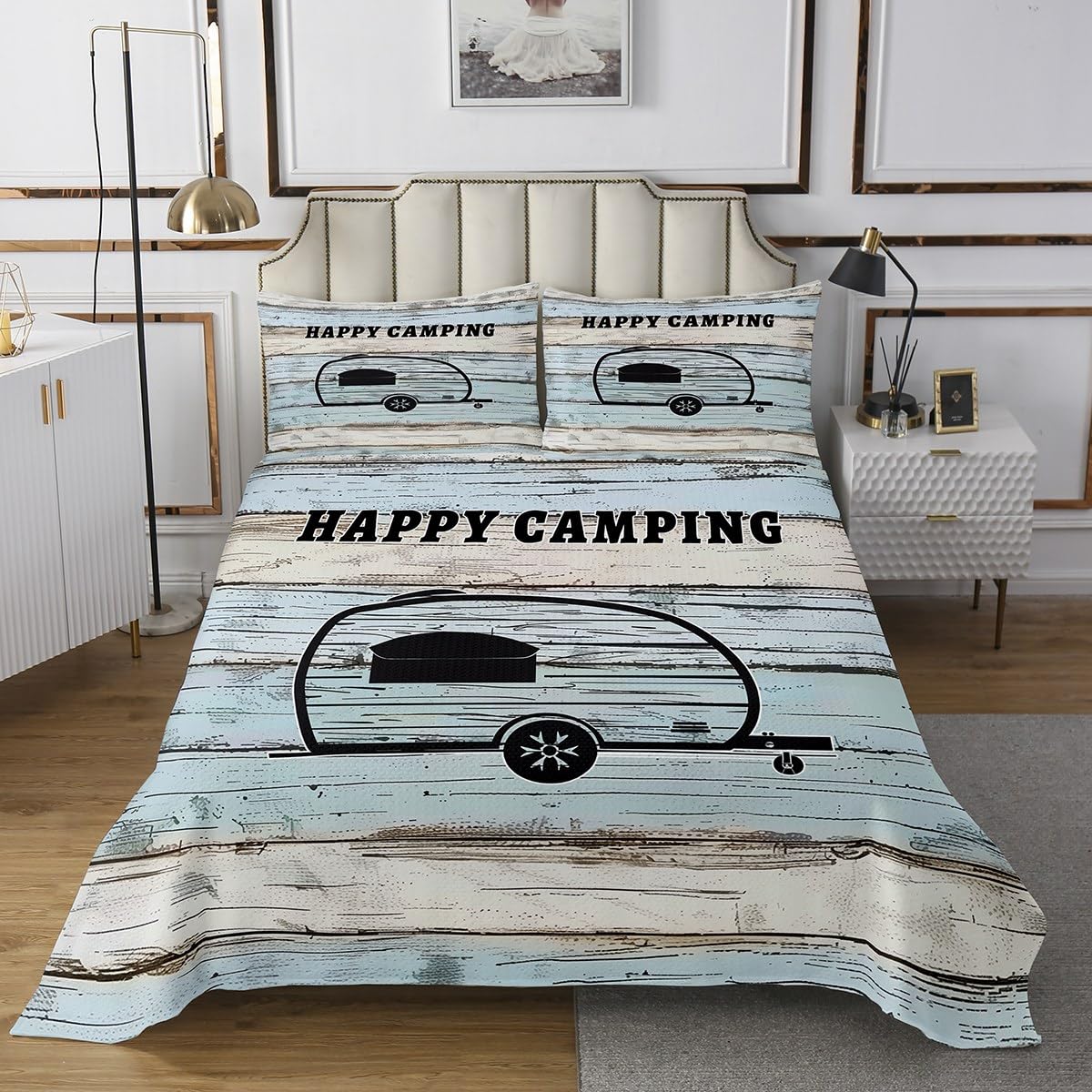 jejeloiu Happy Camping Bedspread Camper Bedspread for Kids Boys Girls Camper Old Barn Door Coverlet Set Trailers Themed Quilted Bedroom Collection 2Pcs Twin Size