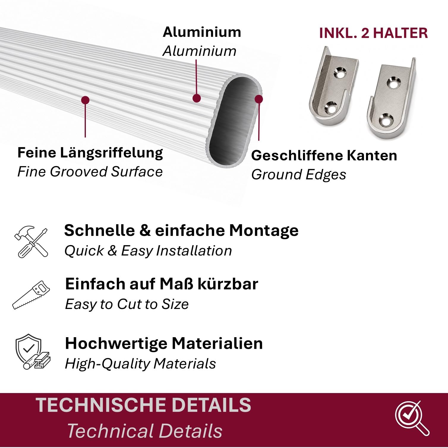Kleiderstange für Schrank Oval 80 cm [SCHRANK- & WANDMONTAGE] Set inkl. Halter – Schrankrohr aus Aluminium als Schrankstange & Garderobenstange für Kleiderschränke – Silber