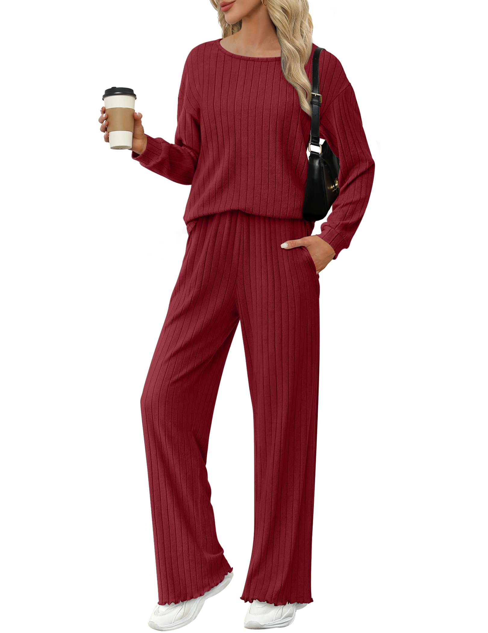 Ekouaer Lounge Sets for Women Comfy Ribbed Knit Pajamas Fall Long Sleeve Sleepwear 2 Piece Casual Loungewear S-XXL